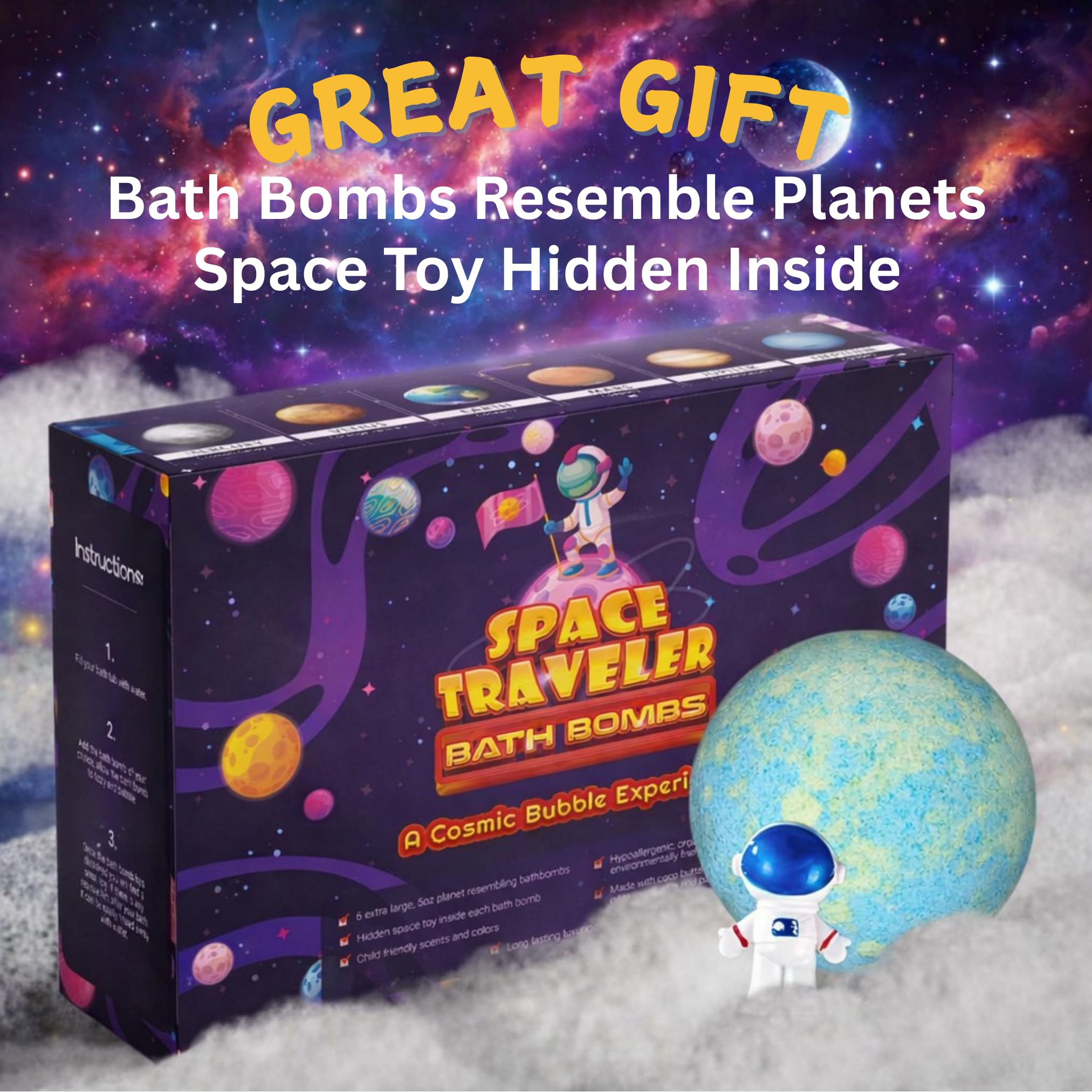 EvolutionUSA Space Bath Bombs for Kids – 6 Planet Bombs with Toys Inside, Organic & Kid-Safe