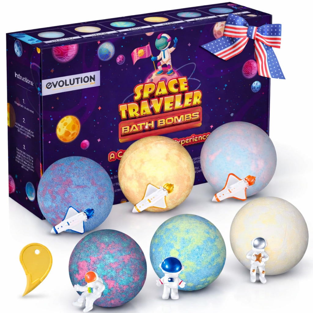 EvolutionUSA Space Bath Bombs for Kids – 6 Planet Bombs with Toys Inside, Organic & Kid-Safe