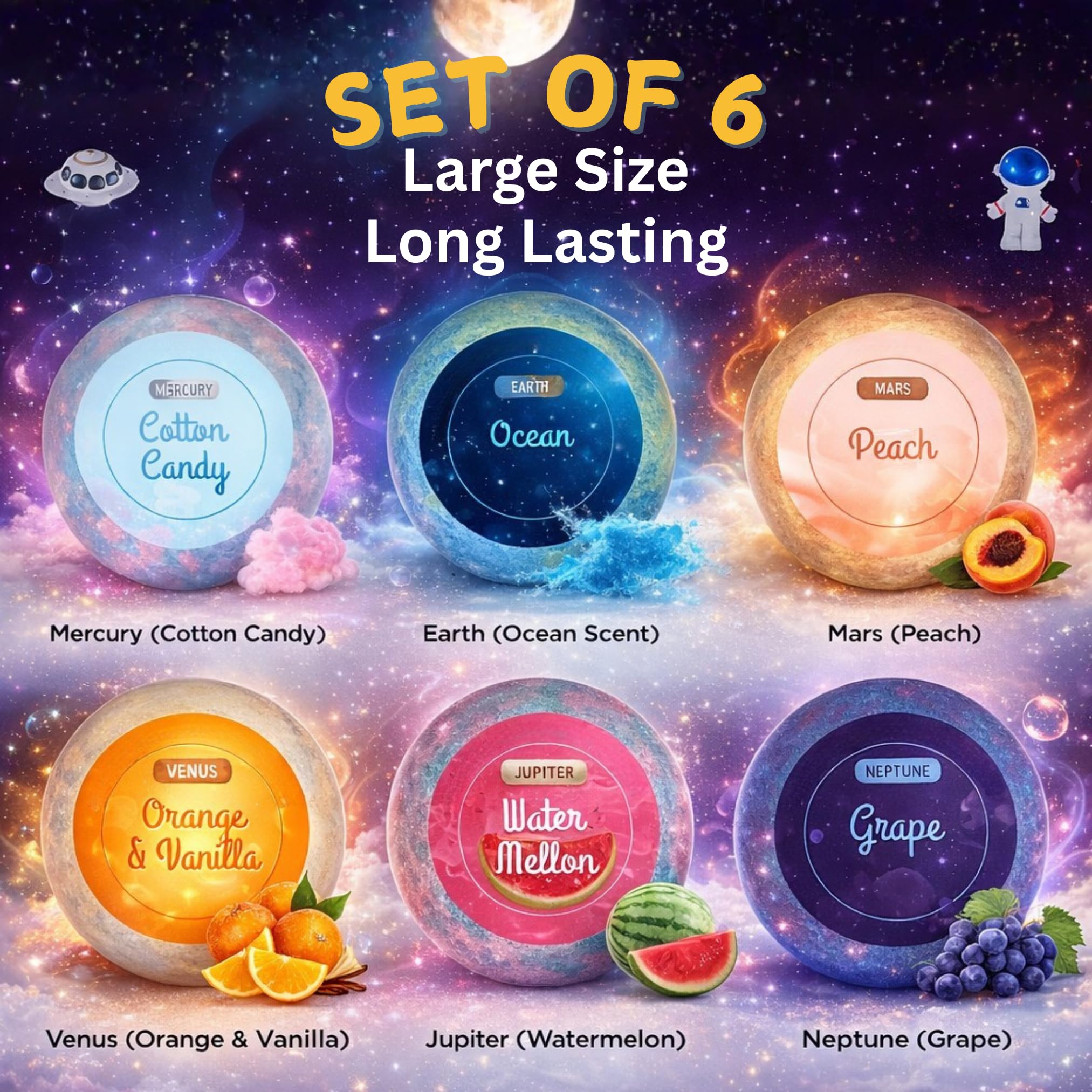 EvolutionUSA Space Bath Bombs for Kids – 6 Planet Bombs with Toys Inside, Organic & Kid-Safe