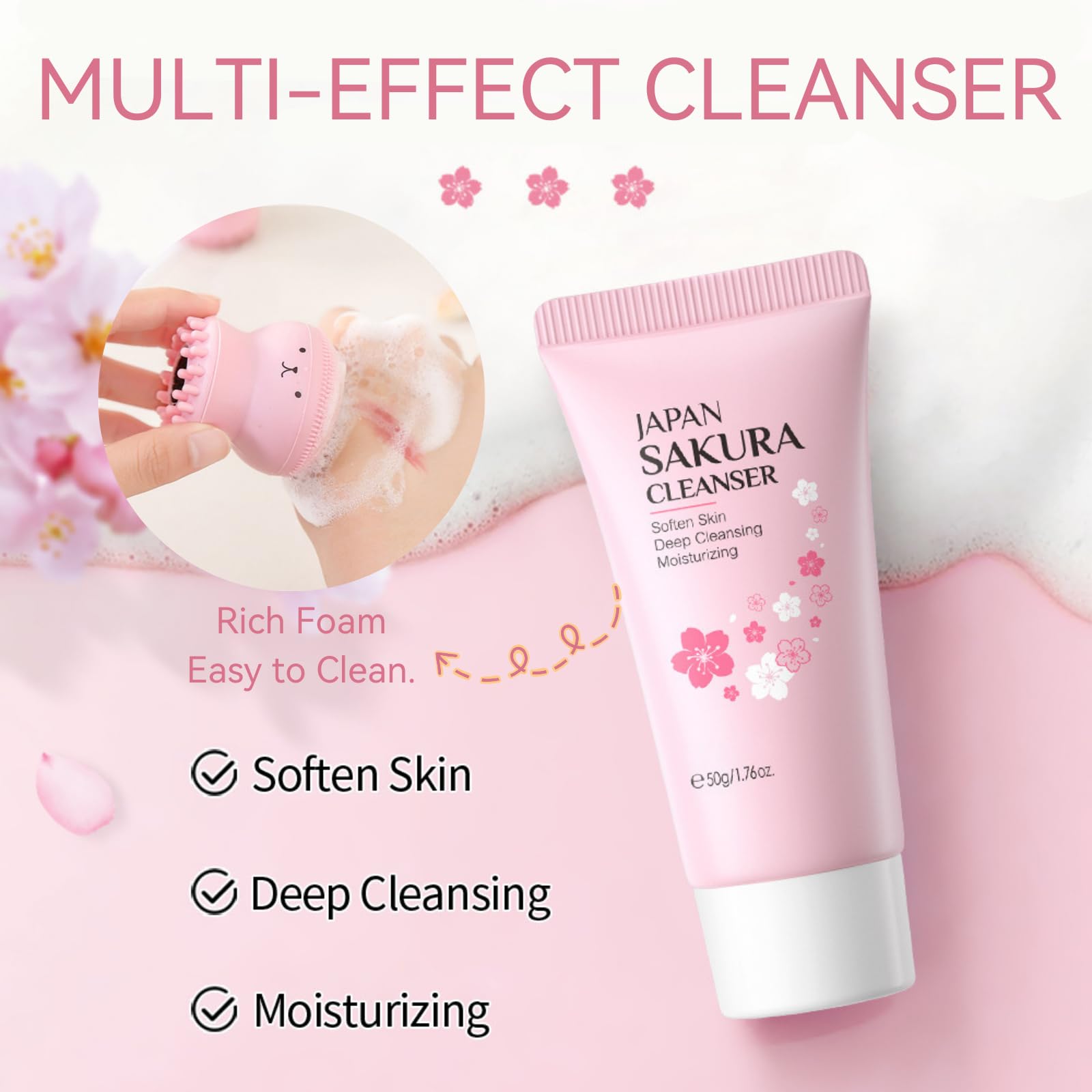 Evolvique Sakura Skincare Set for Teens – Hydrating Travel Kit (5-piece) with Cleanser, Serum, Cream, Bunny Headband & Cleansing Brush