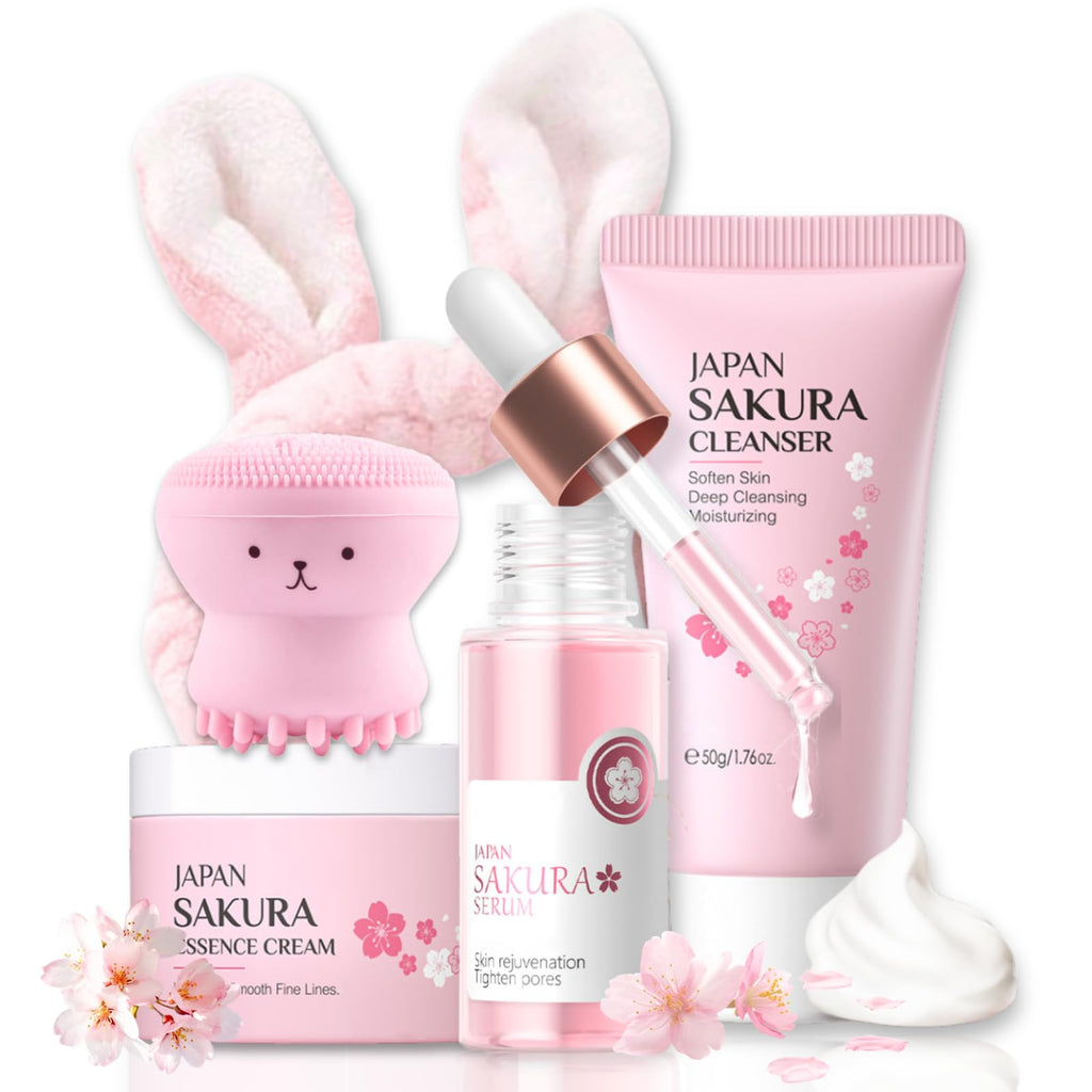 Evolvique Sakura Skincare Set for Teens – Hydrating Travel Kit (5-piece) with Cleanser, Serum, Cream, Bunny Headband & Cleansing Brush