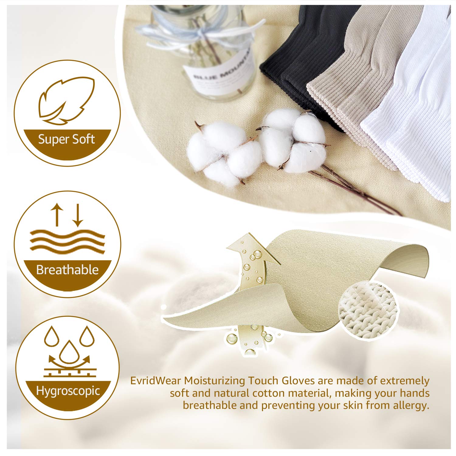 Evridwear Unisex Moisturizing Cotton Gloves with Touchscreen Tips - 6 Pairs, S/M, Beige