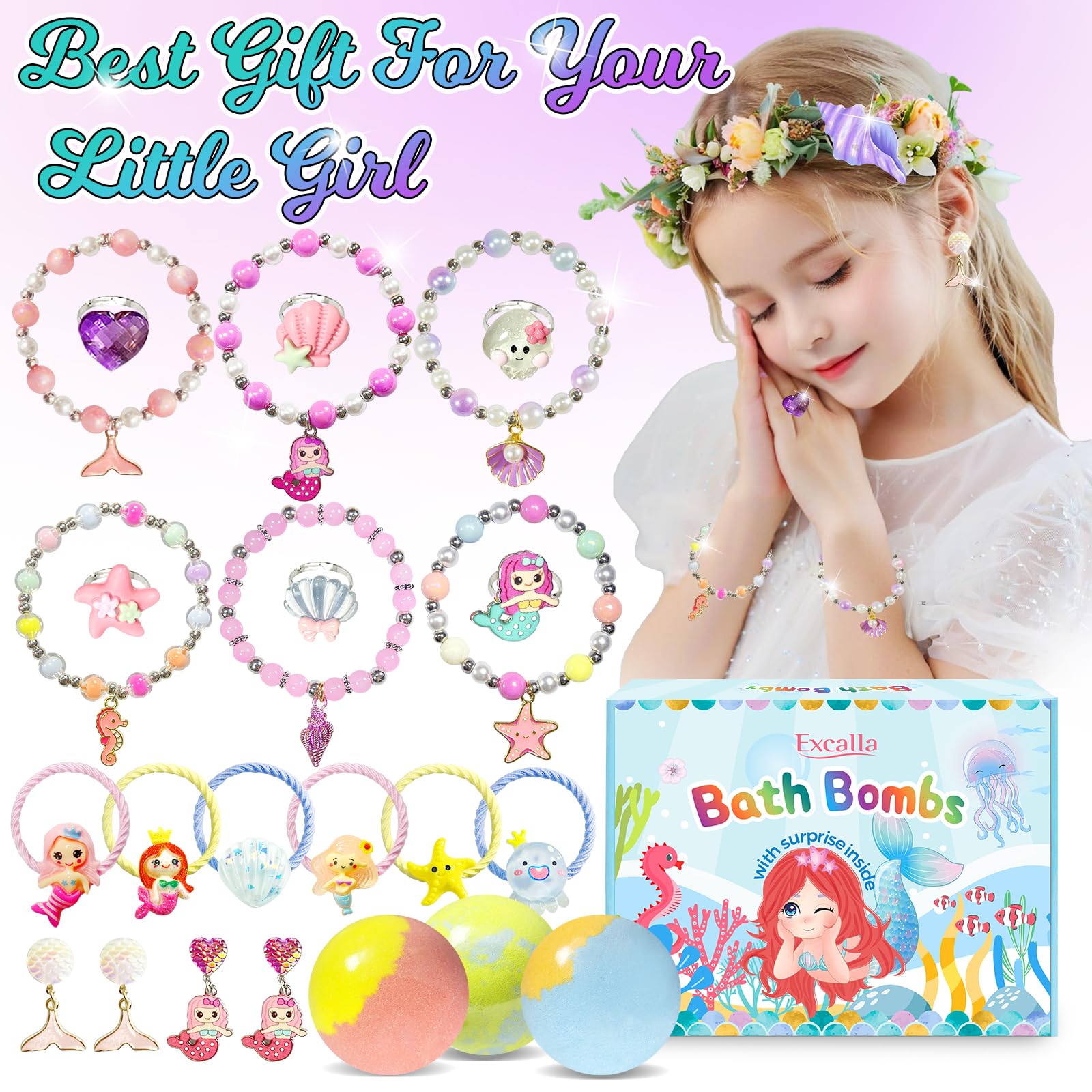 Excalla Mermaid Bath Bombs for Girls – 20 Surprises with Jewelry Toys