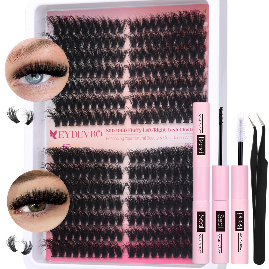 EYDEVRO Fluffy Lash Clusters Kit 80D/100D – Mega Volume Extensions with Bond, Seal & Tweezers