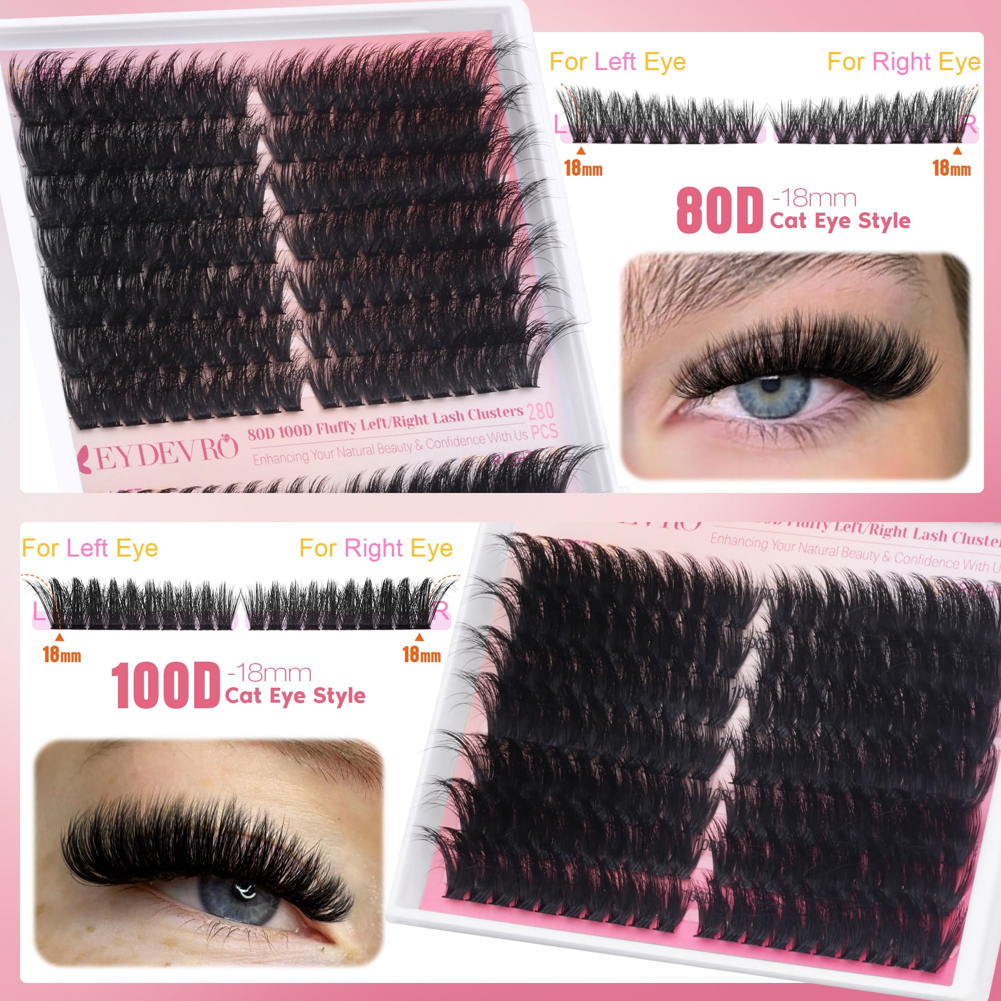 EYDEVRO Fluffy Lash Clusters Kit 80D/100D – Mega Volume Extensions with Bond, Seal & Tweezers