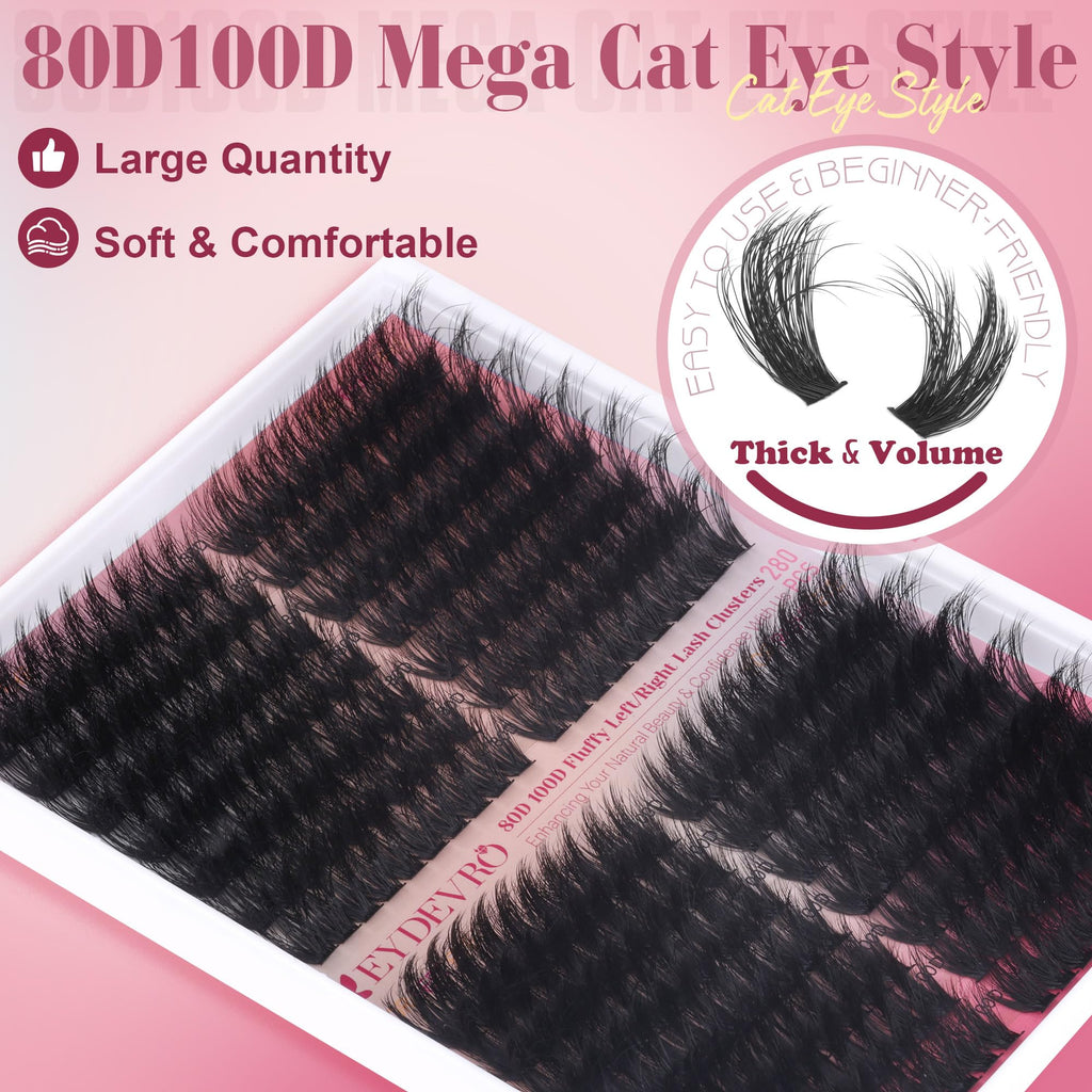 EYDEVRO Fluffy Lash Clusters Kit 80D/100D – Mega Volume Extensions with Bond, Seal & Tweezers