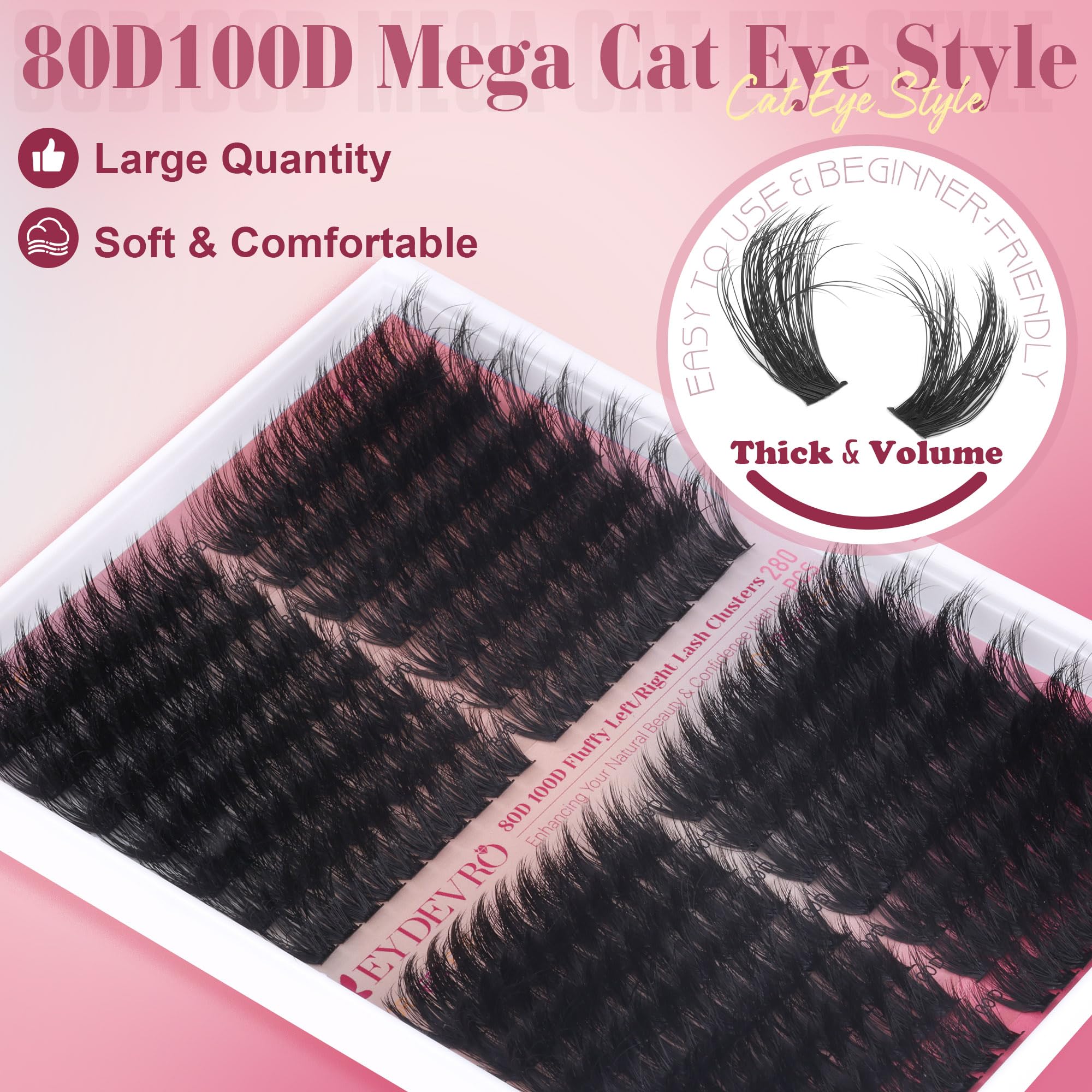 EYDEVRO Fluffy Lash Clusters Kit 80D/100D – Mega Volume Extensions with Bond, Seal & Tweezers