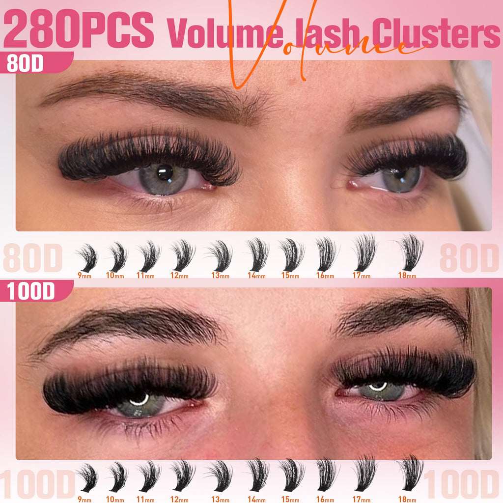 EYDEVRO Fluffy Lash Clusters Kit 80D/100D – Mega Volume Extensions with Bond, Seal & Tweezers