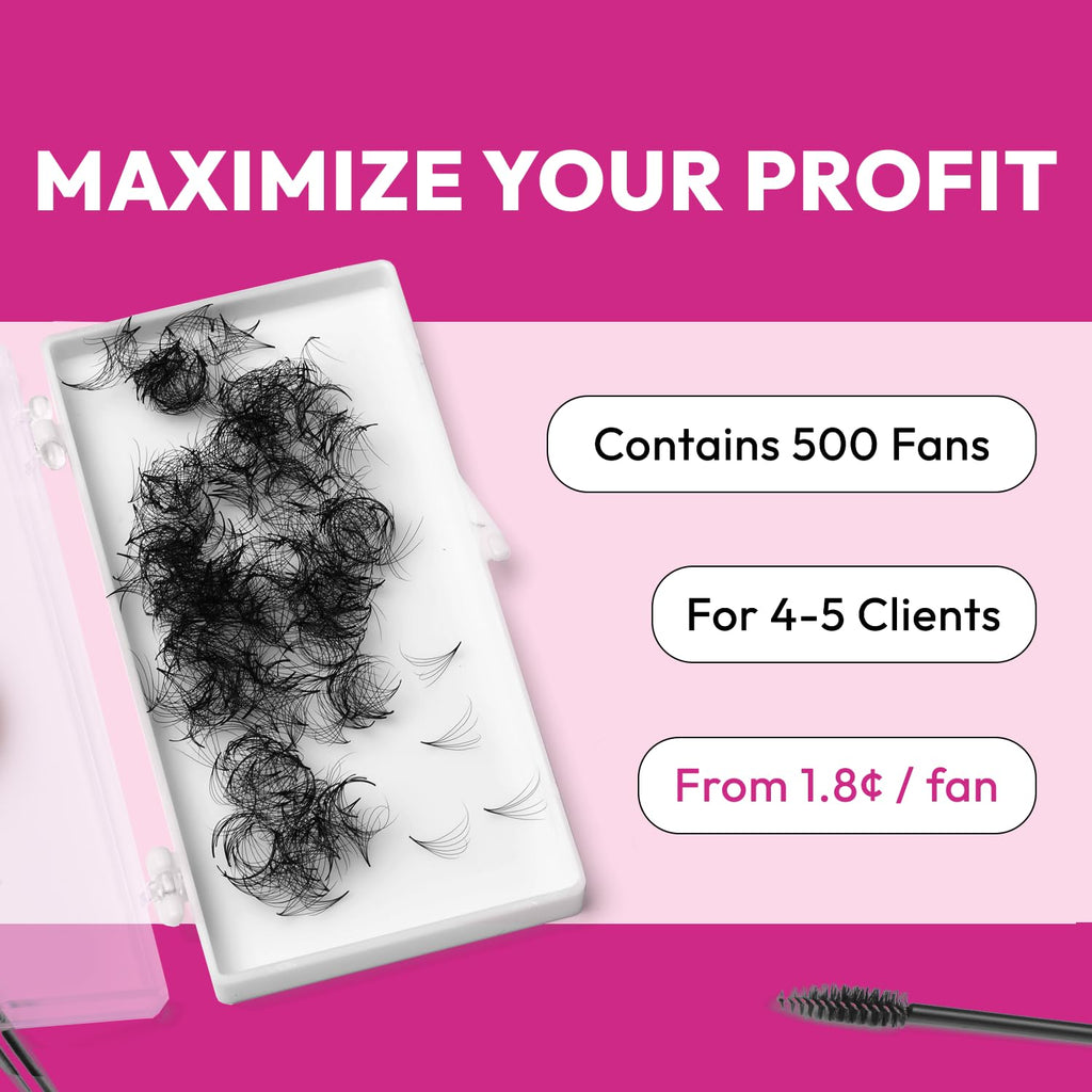 Eyesy Lash 500 Promade Fans – Volume Premade Lash Fans with Pointy Base (6D 0.07 CC 10mm)