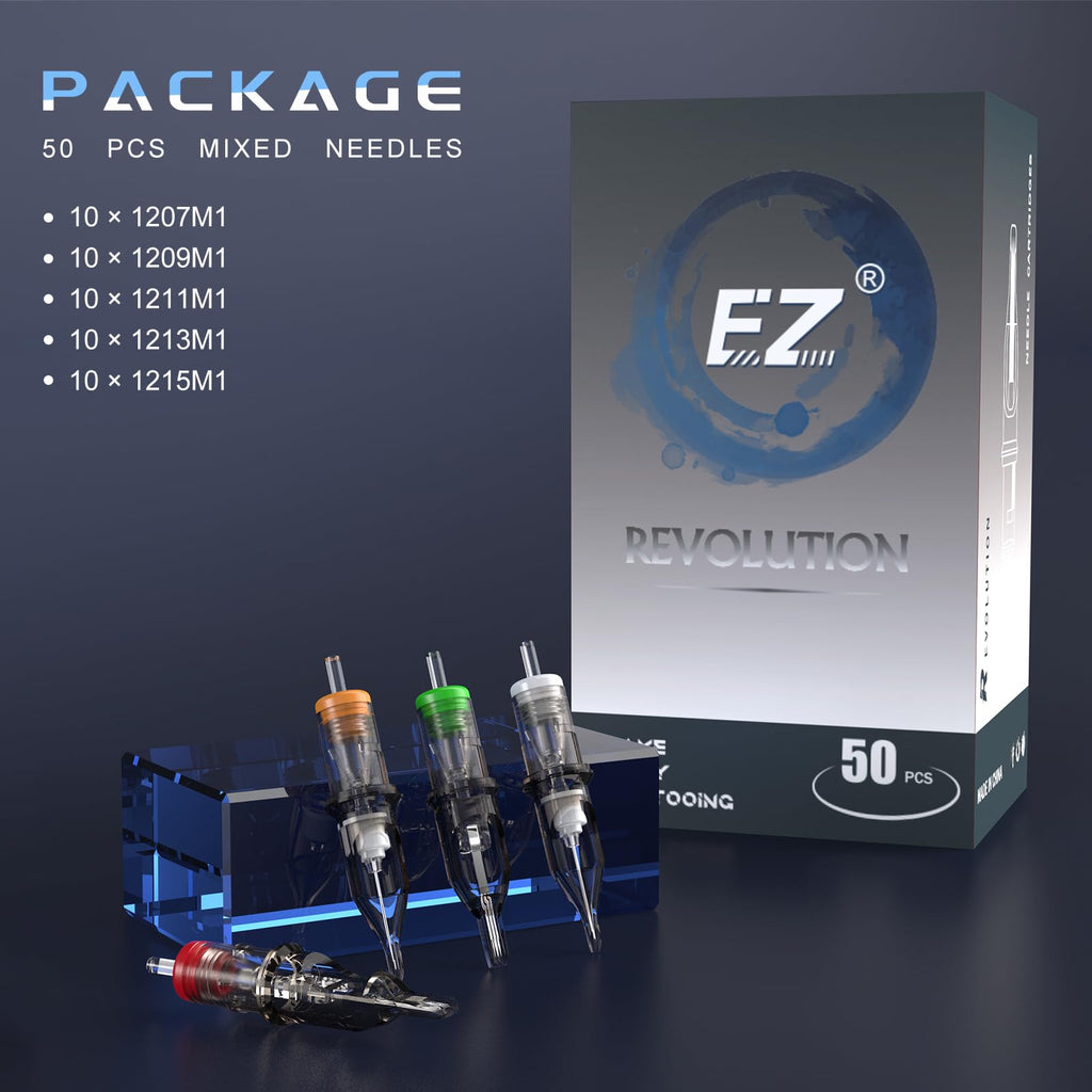 EZTAT2 Tattoo Cartridge Needles Assorted – 50Pcs #12 Mixed (7M1 9M1 11M1 13M1 15M1) for Rotary Pen