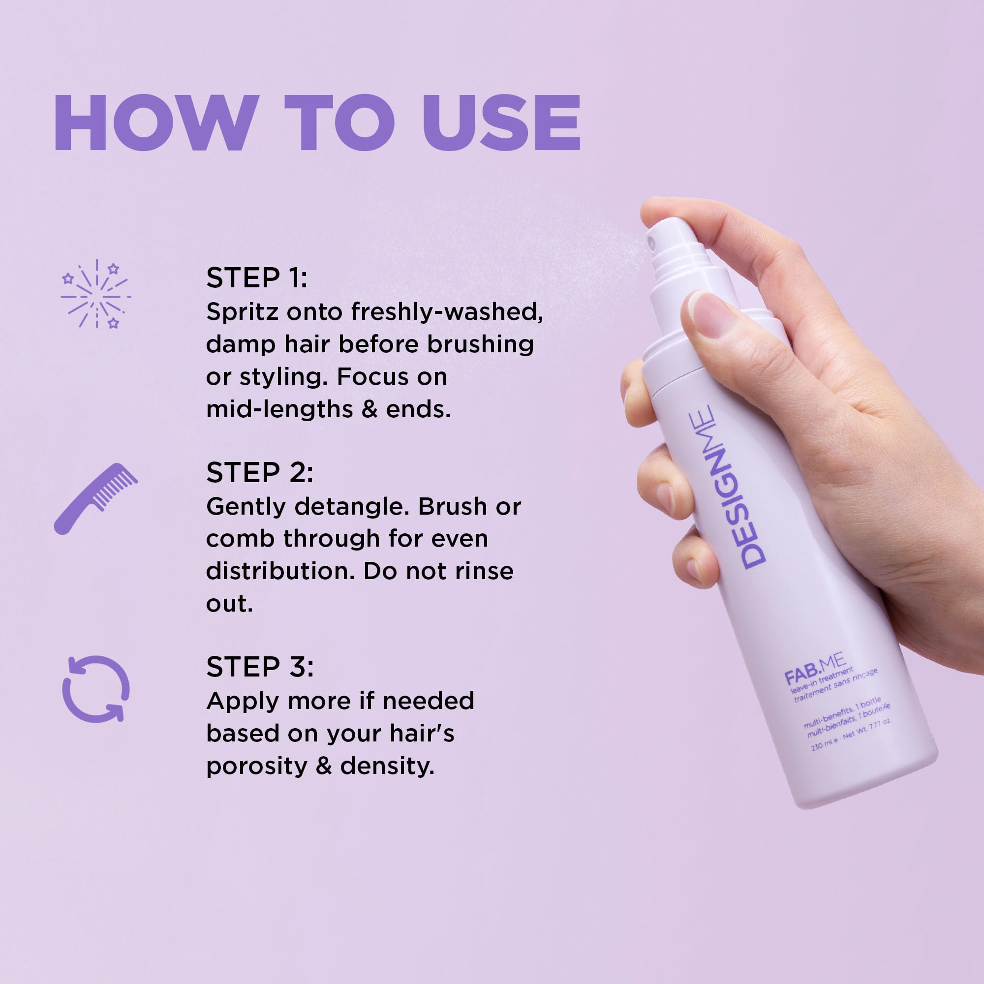 FAB.ME Leave-In Conditioner Spray by Design.Me – Shine, Detangle, Frizz Control, UV & Heat Protection, Color Safe (230 ml)