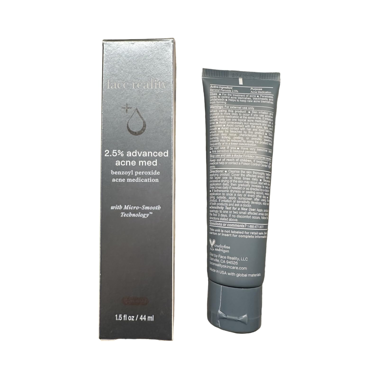 Face Reality Skincare 2.5% Acne Med – Benzoyl Peroxide Treatment for Normal to Oily Skin (Off White)