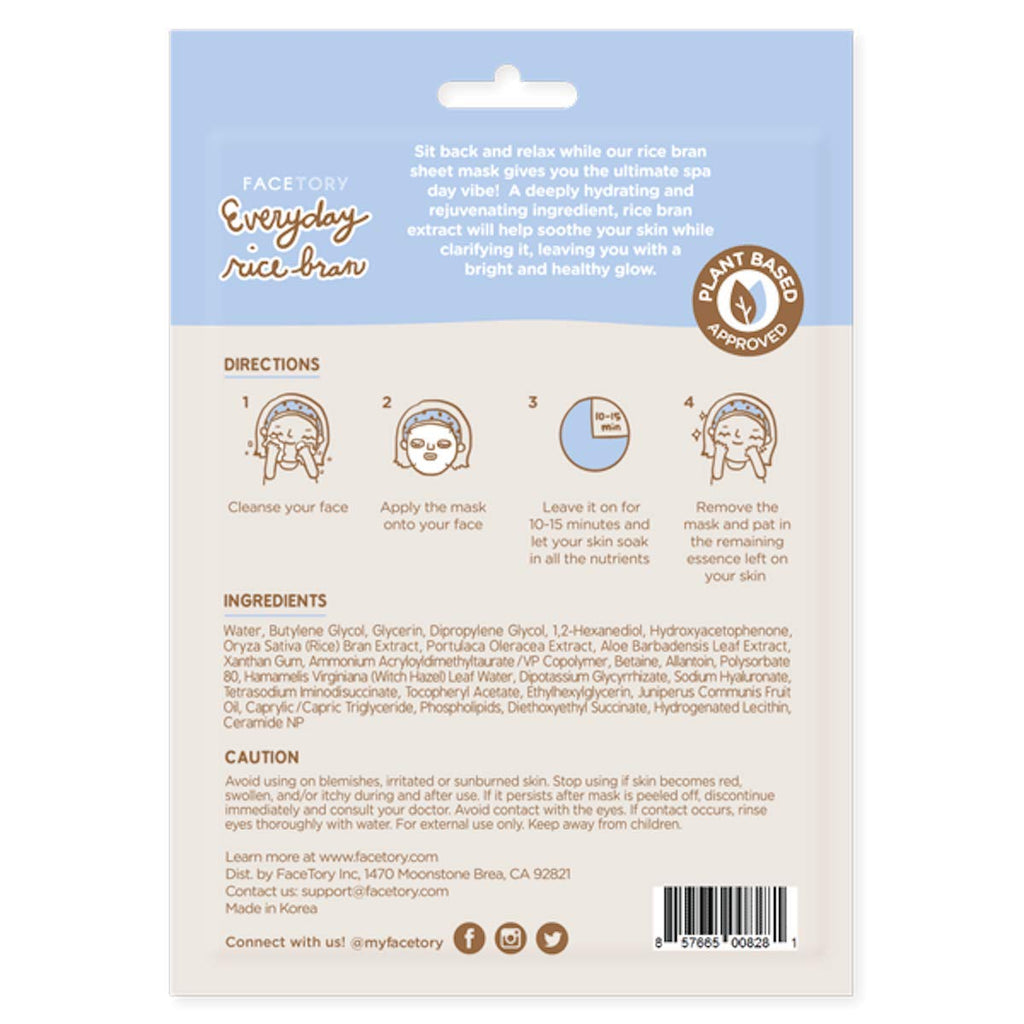 FACETORY Everyday Rice Bran Sheet Mask – Plant-Based K-Beauty Face Mask (10 Pack)