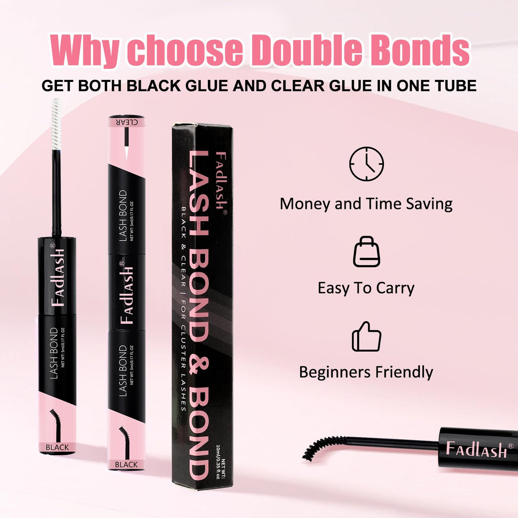 FADLASH 2-in-1 Cluster Lash Glue – Black & Clear, 72h Waterproof Hold