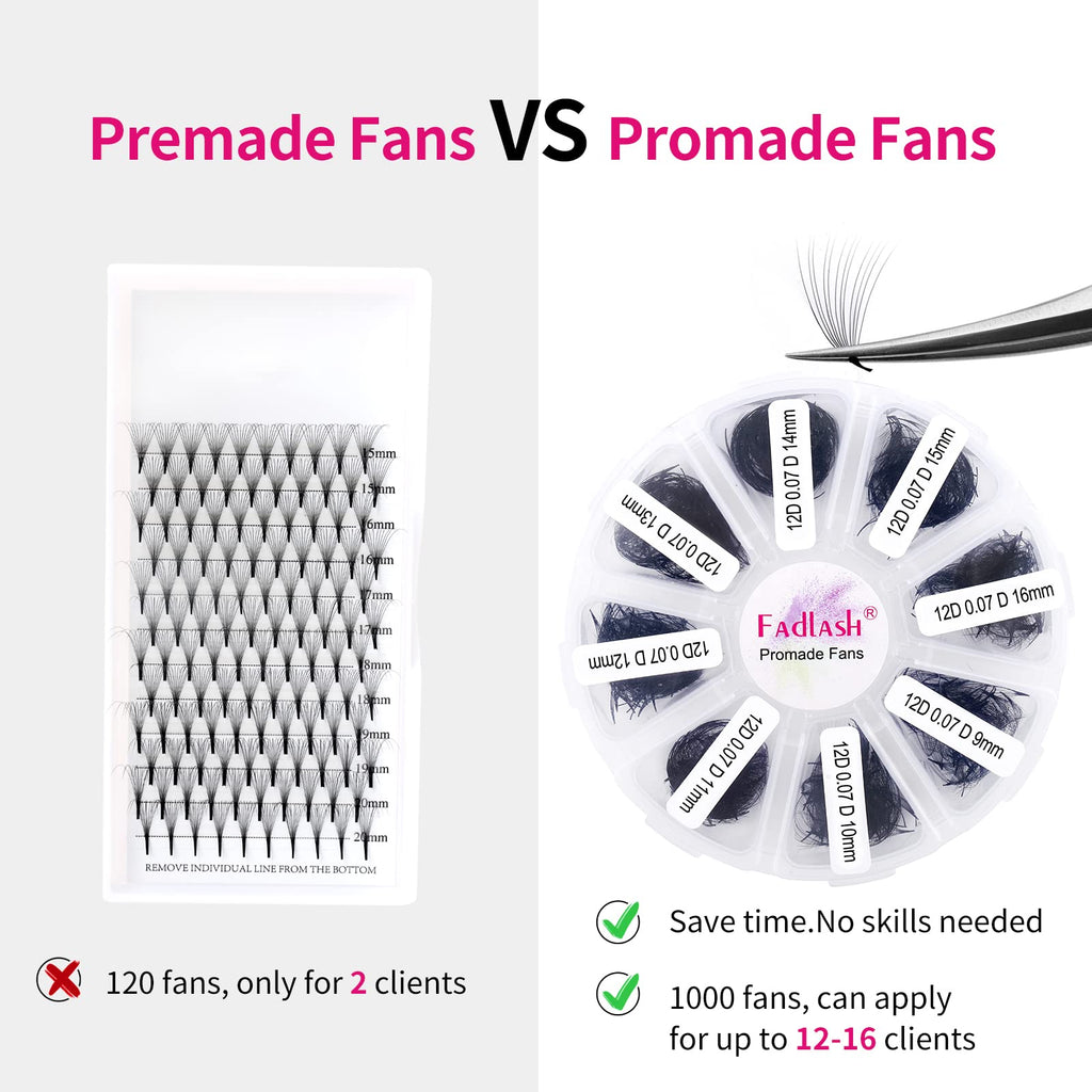 FADLASH 1000ct Premade Lash Fans – D Curl 12D-0.07D, 9–16mm | Budget-Friendly Volume Lashes