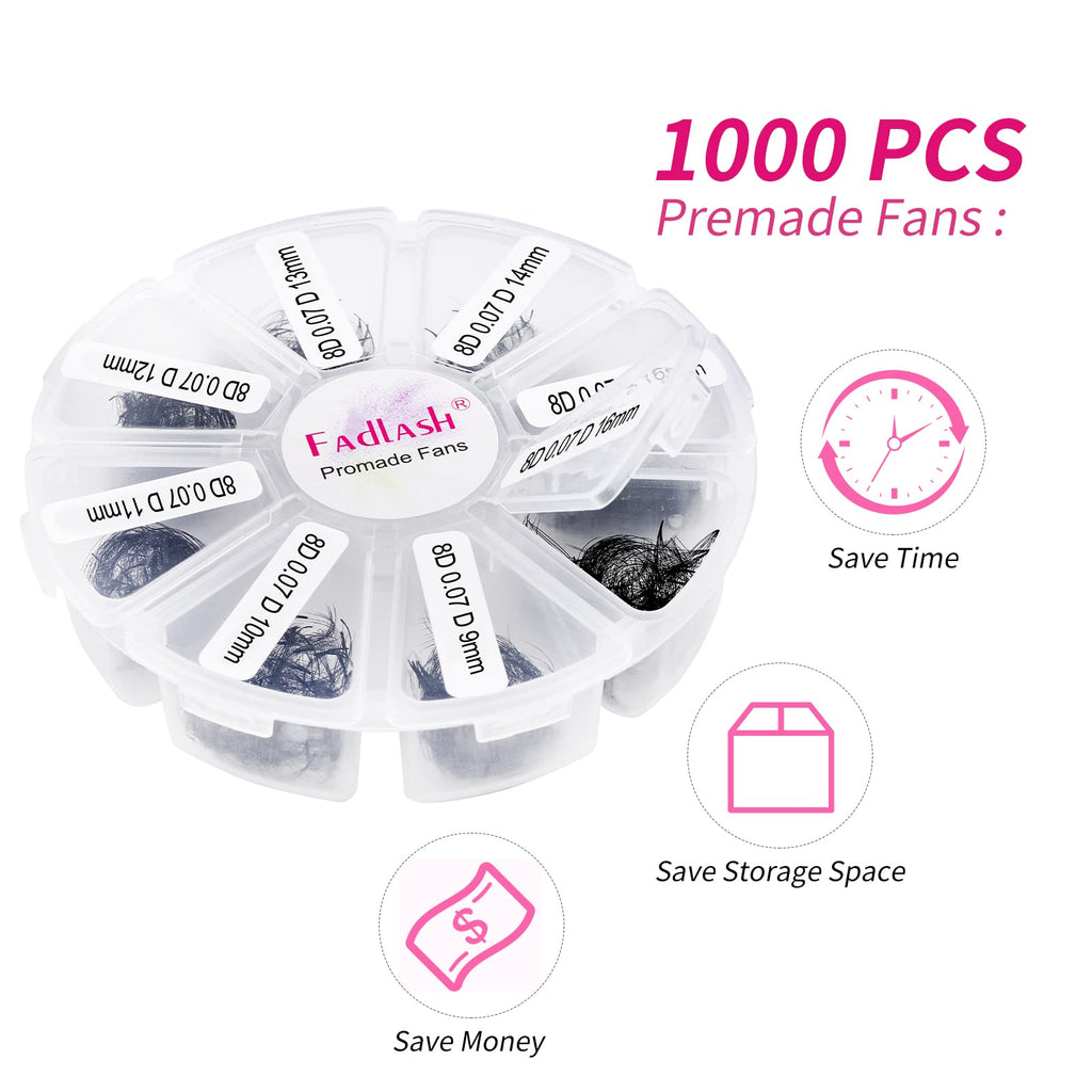FADLASH Volume Premade Lash Fans 1000pcs – Mixed 5D-16D, 9-16mm