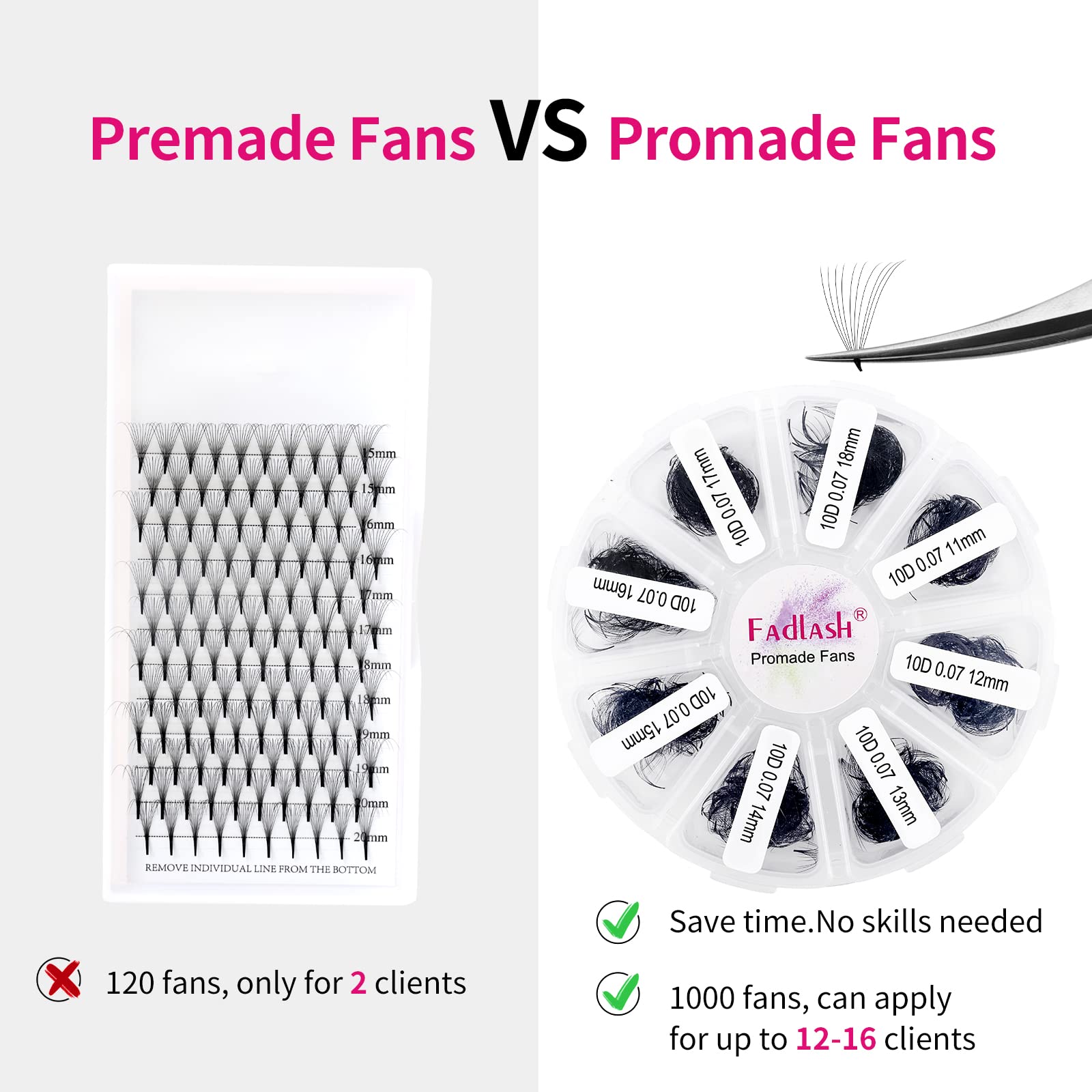 FADLASH Premade Lash Fans Tray 1000 – D Curl 10D-0.07D, 11-18mm