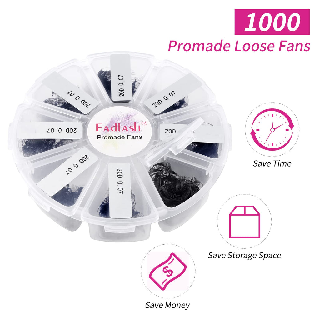 FADLASH Premade Fans Eyelash Extensions 1000-Pack | 20D-0.07C, 15–20mm