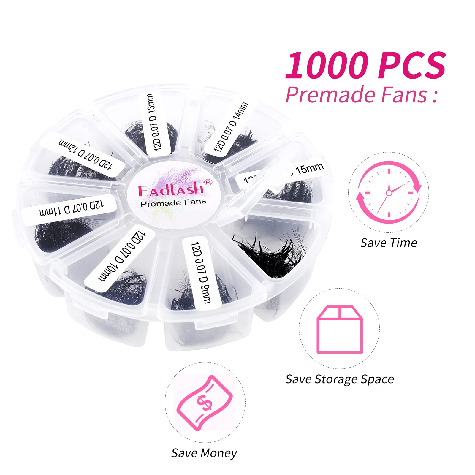 FADLASH 1000ct Premade Lash Fans – D Curl 12D-0.07D, 9–16mm | Budget-Friendly Volume Lashes