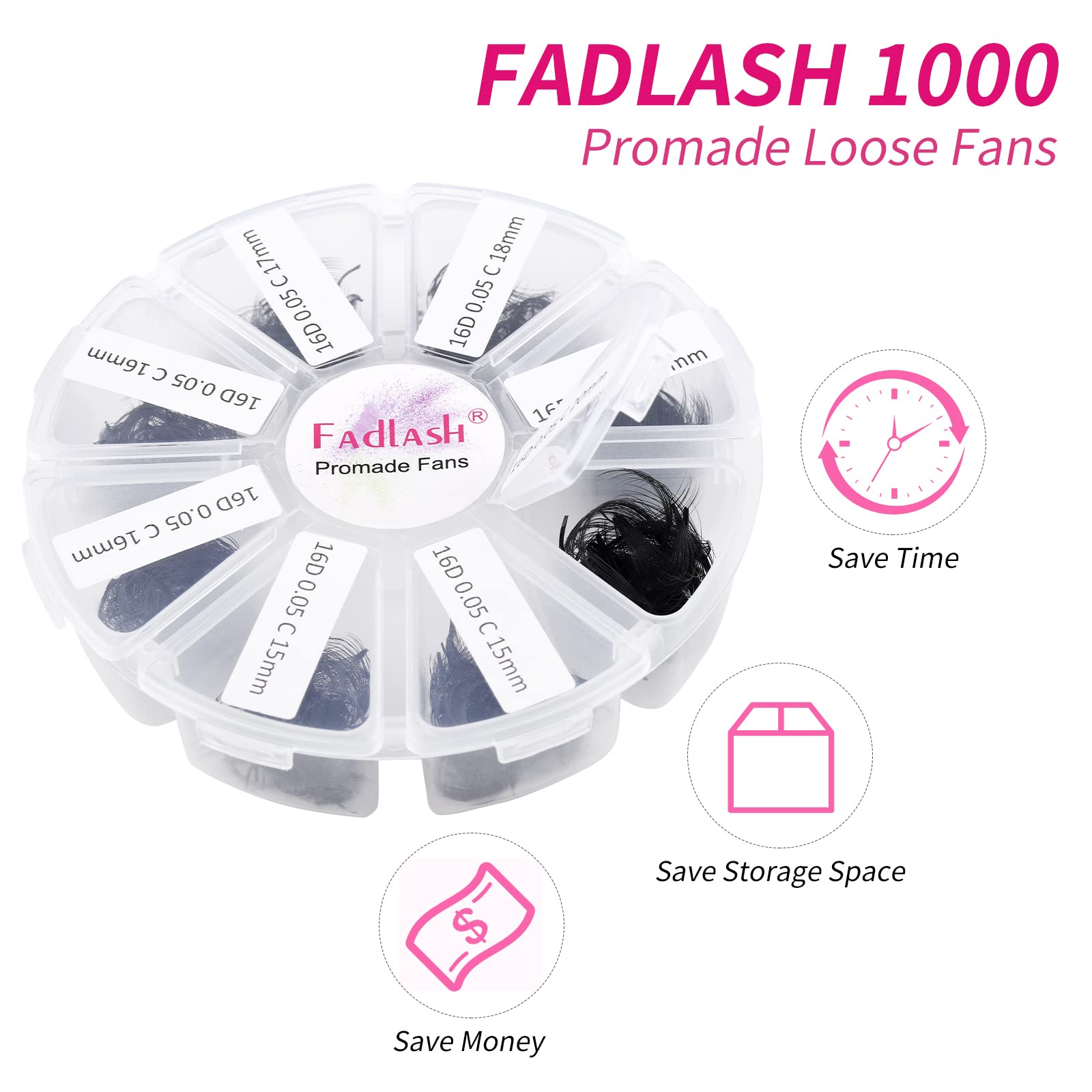 FADLASH 1000pcs Premade Lash Fans – 16D-0.05D, 15-20mm