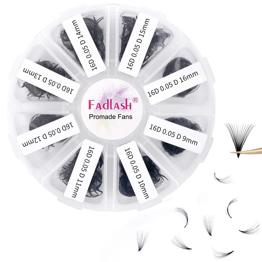FADLASH Premade Fans 1000ct Mix – D Curl Promades, 16D-0.05D, 9-16mm