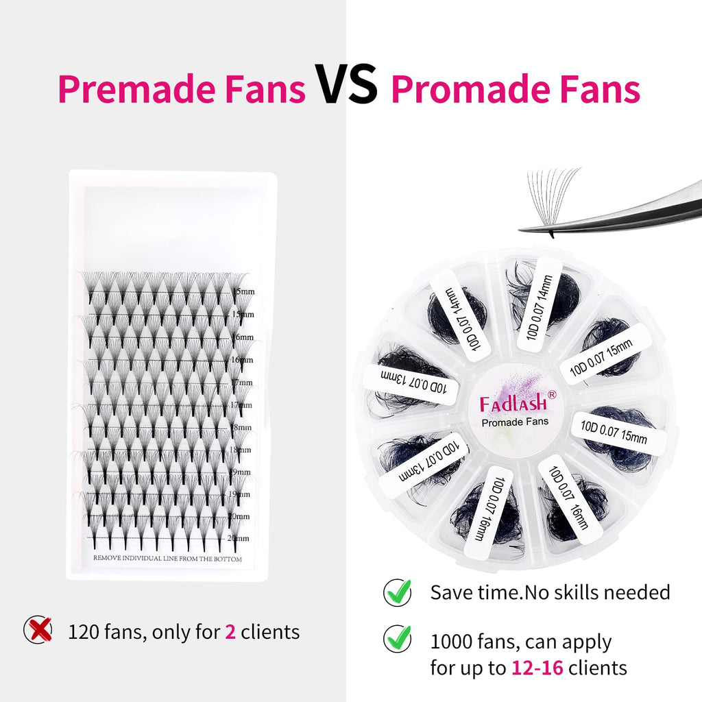 FADLASH Premade Fans Eyelash Extensions 1000-Pack | 10D-0.07C, 13-16mm