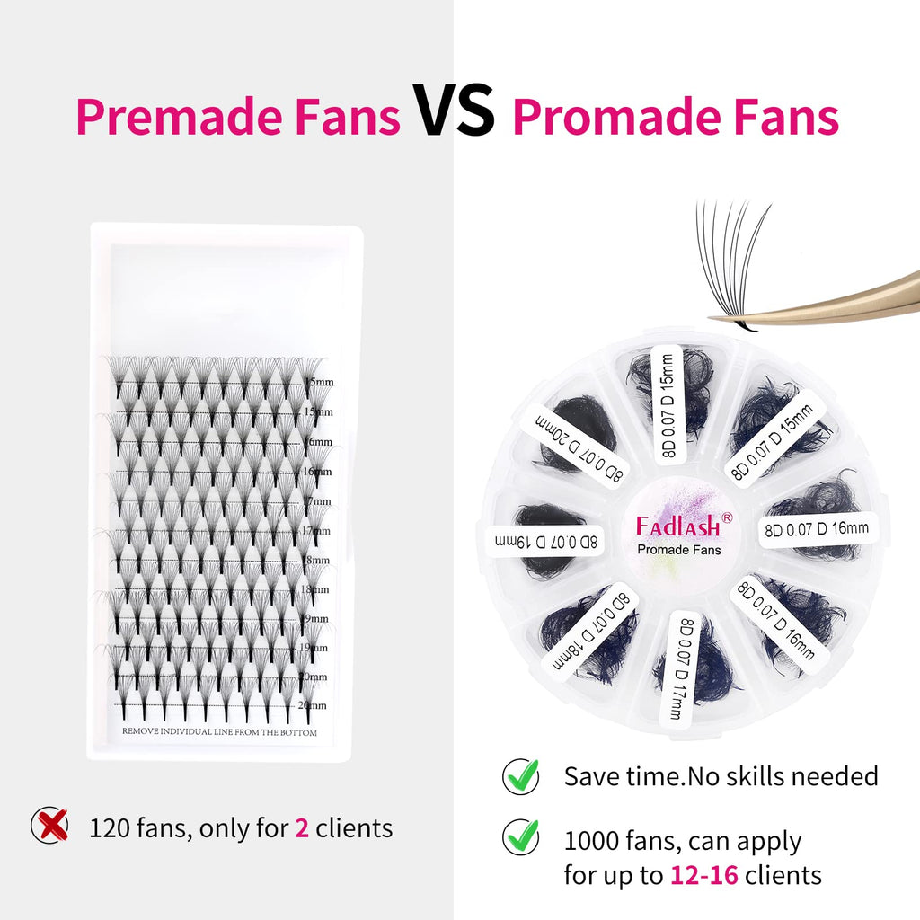 FADLASH Premade Fans Eyelash Extensions - 1000pcs, 8D-0.07C, 15-20mm | Easy, Budget-Friendly