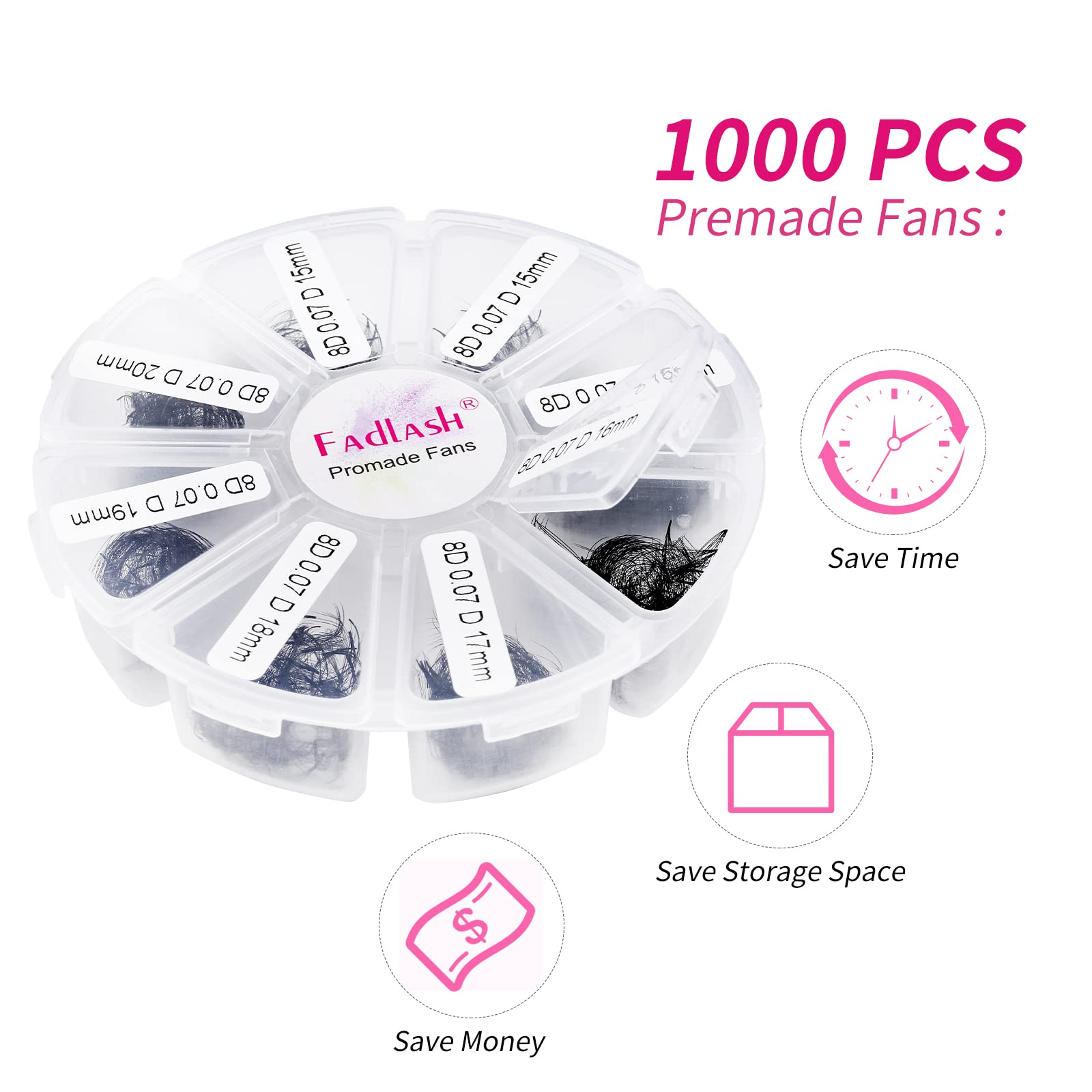 FADLASH Premade Fans Eyelash Extensions - 1000pcs, 8D-0.07C, 15-20mm | Easy, Budget-Friendly