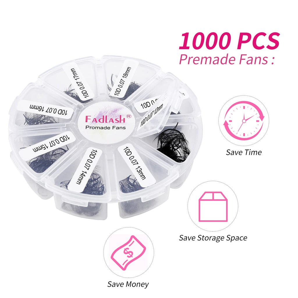 FADLASH Premade Lash Fans Tray 1000 – D Curl 10D-0.07D, 11-18mm
