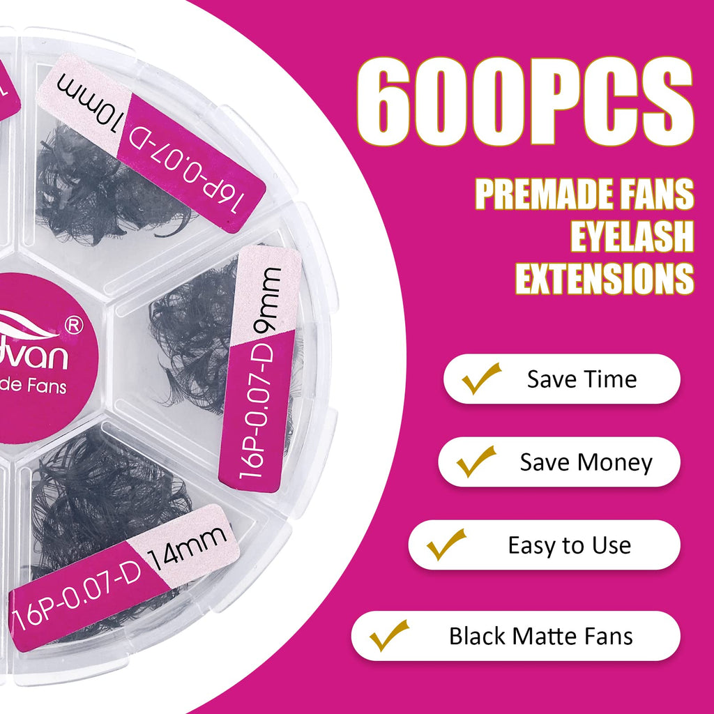 FADVAN 600 Premade Fans Eyelash Extensions | 16D 0.07D, 9–14mm Volume