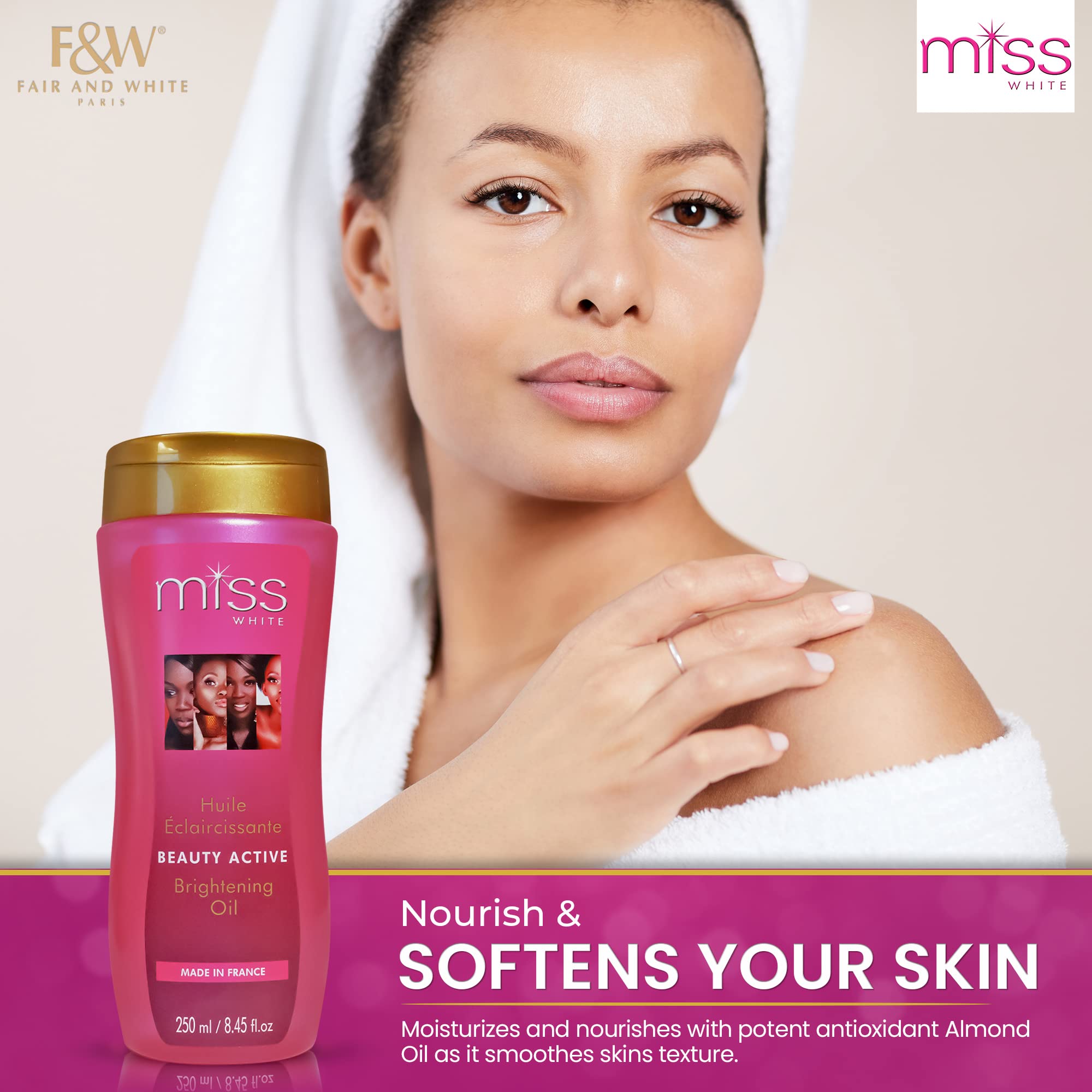 FAIR & WHITE Miss White Brightening Oil 250ml – Almond Oil & Lumiskin for Radiant, Even-Tone Skin