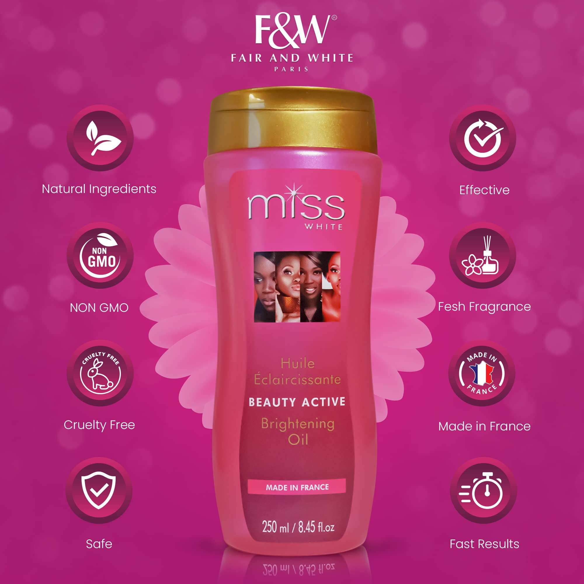 FAIR & WHITE Miss White Brightening Oil 250ml – Almond Oil & Lumiskin for Radiant, Even-Tone Skin