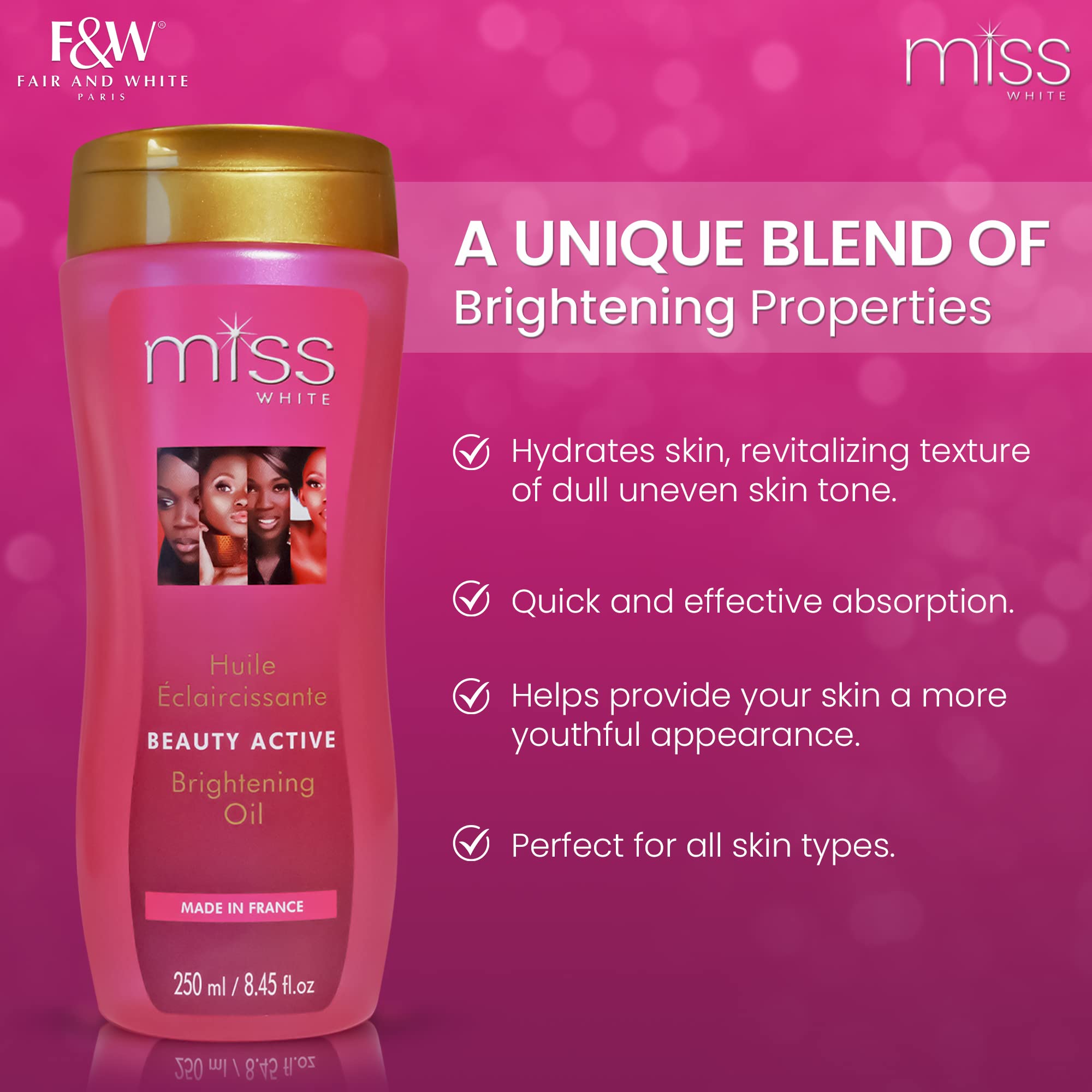 FAIR & WHITE Miss White Brightening Oil 250ml – Almond Oil & Lumiskin for Radiant, Even-Tone Skin