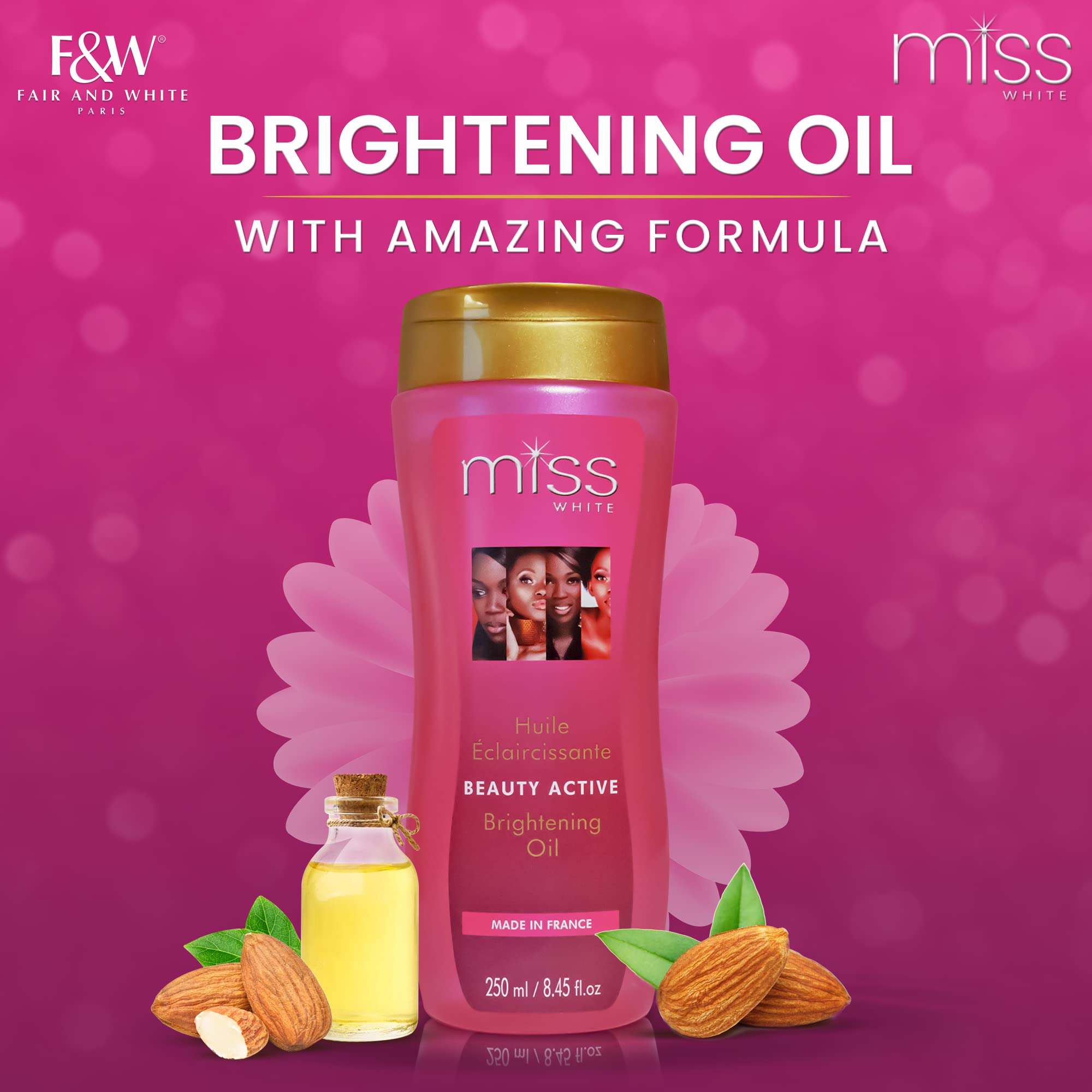 FAIR & WHITE Miss White Brightening Oil 250ml – Almond Oil & Lumiskin for Radiant, Even-Tone Skin