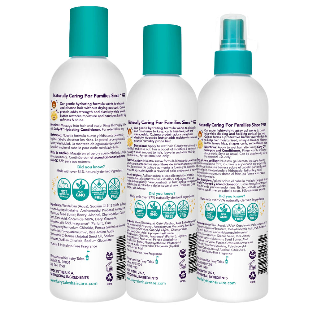 Fairy Tales Curly Q Kids 3-Pack: Hydrating Shampoo, Conditioner & Spray Gel - Paraben, Sulfate, Gluten & Nut Free