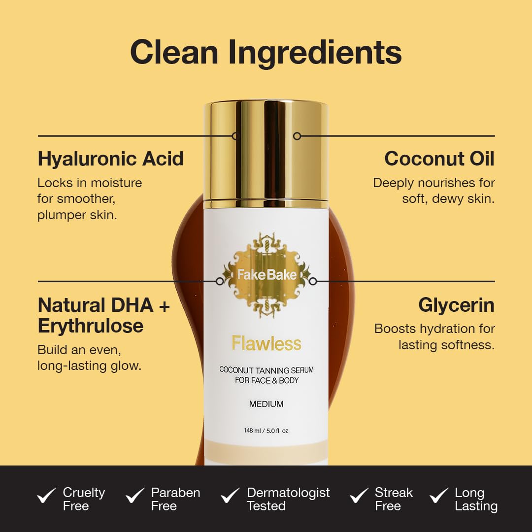 Fake Bake Flawless Coconut Sunless Tanning Serum with Hyaluronic Acid – Hydrating 5 oz
