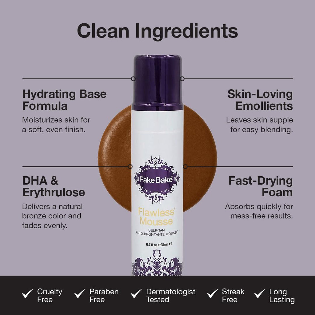 Fake Bake Flawless Self Tanning Mousse – Streak-Free, Quick-Dry Sunless Tanner for All Skin Tones