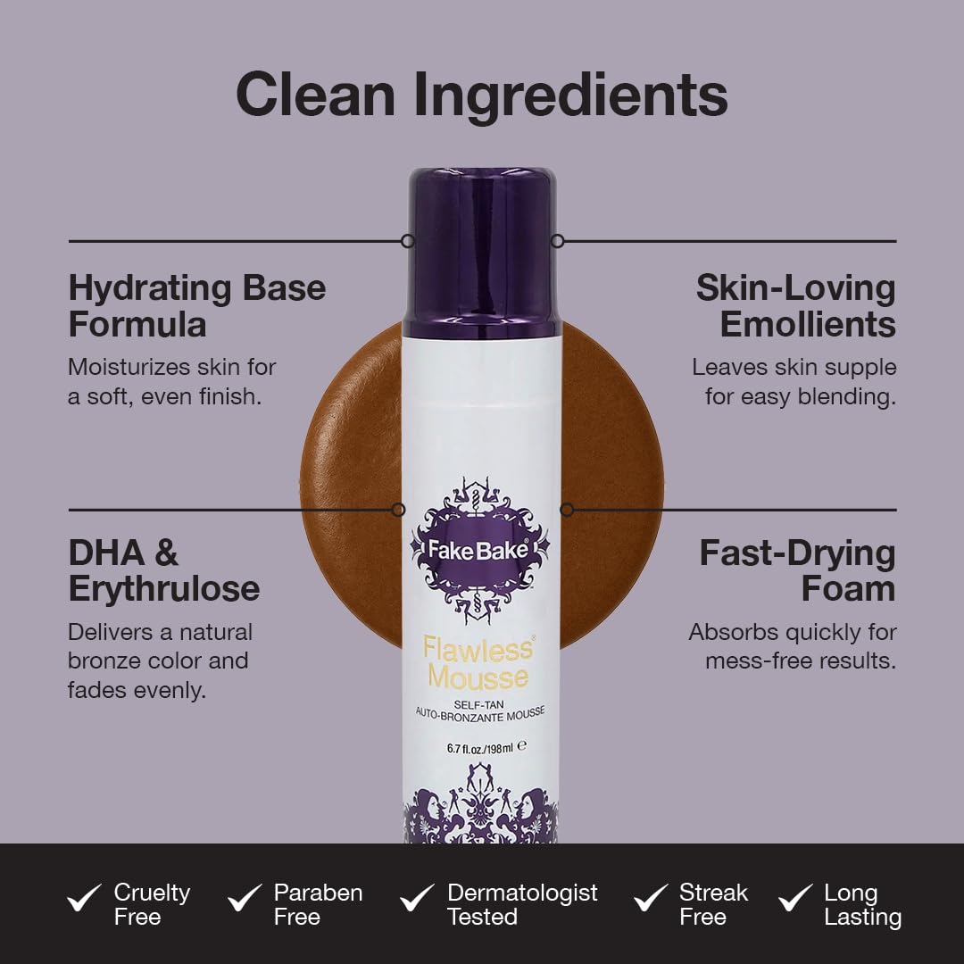 Fake Bake Flawless Self Tanning Mousse – Streak-Free, Quick-Dry Sunless Tanner for All Skin Tones