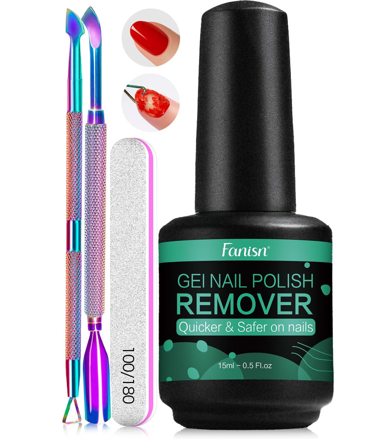 Fanisn Gel Nail Polish Remover with Tools, 15ml – Acetone-Free Quick 3-5 Min Removal (Home DIY)