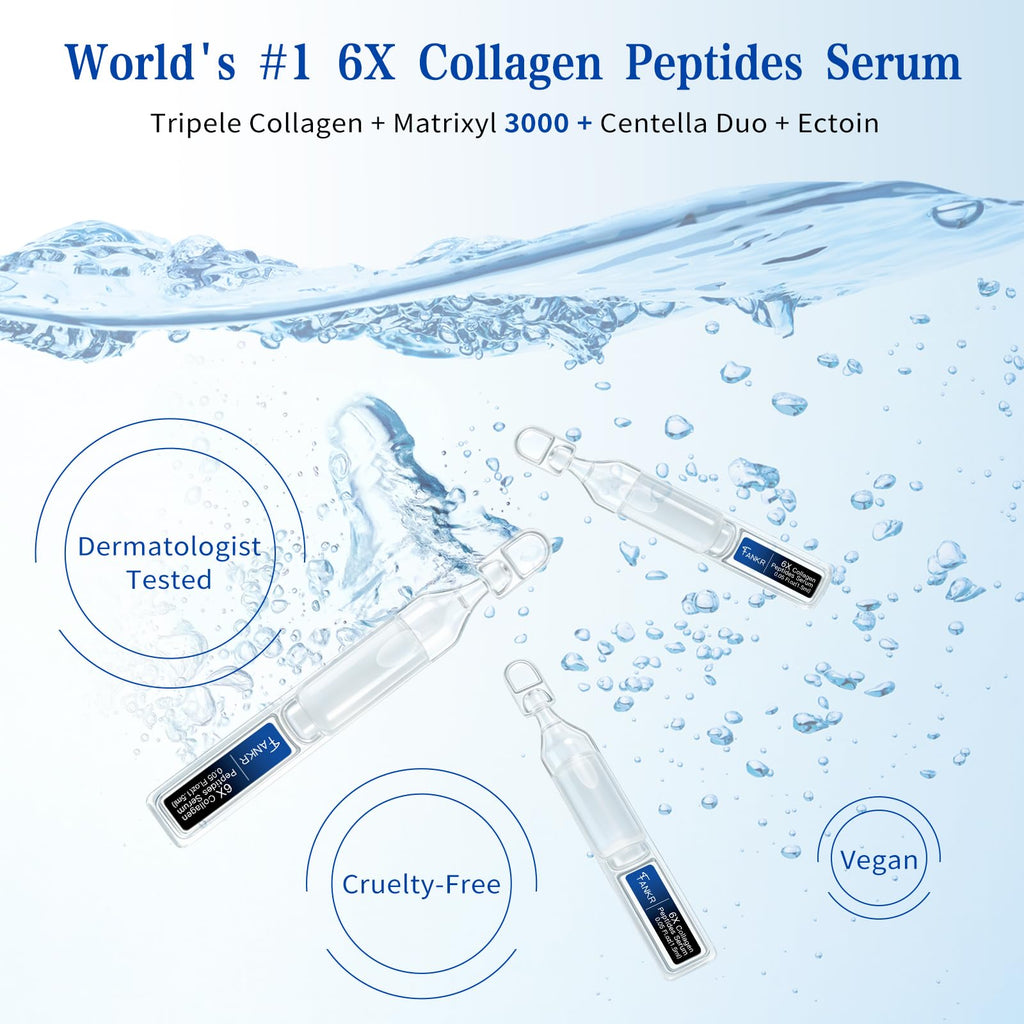 Fankr 6X Collagen Peptides Serum for Face – Triple Collagen, Matrixyl 3000, Centella & Ectoin | Hydration, Firming & Smoothing | 30 x 1.5ml Ampoules