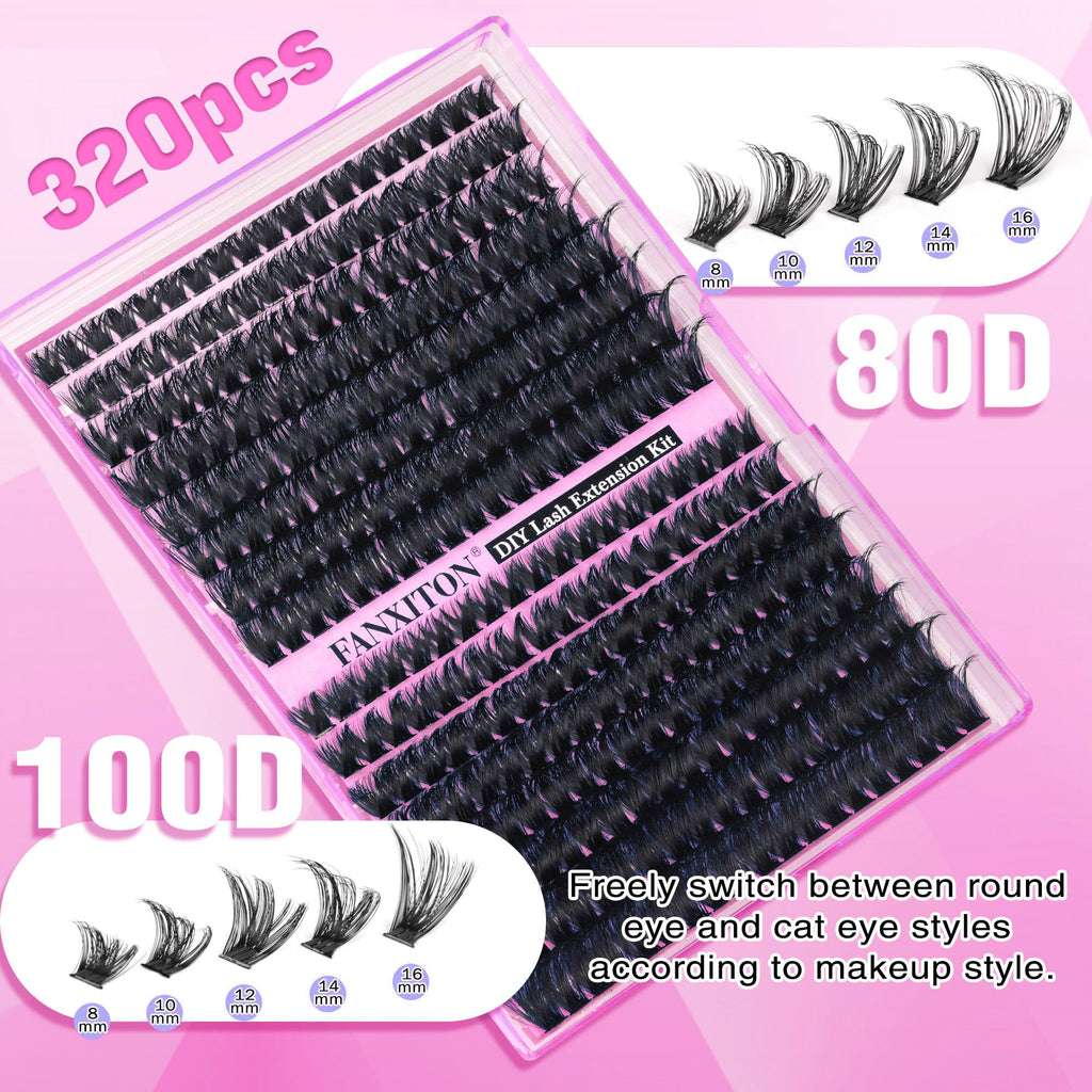 FANXITON DIY Lash Extension Kit — 80D & 100D Thick Lash Clusters, Bond & Seal, Tweezers