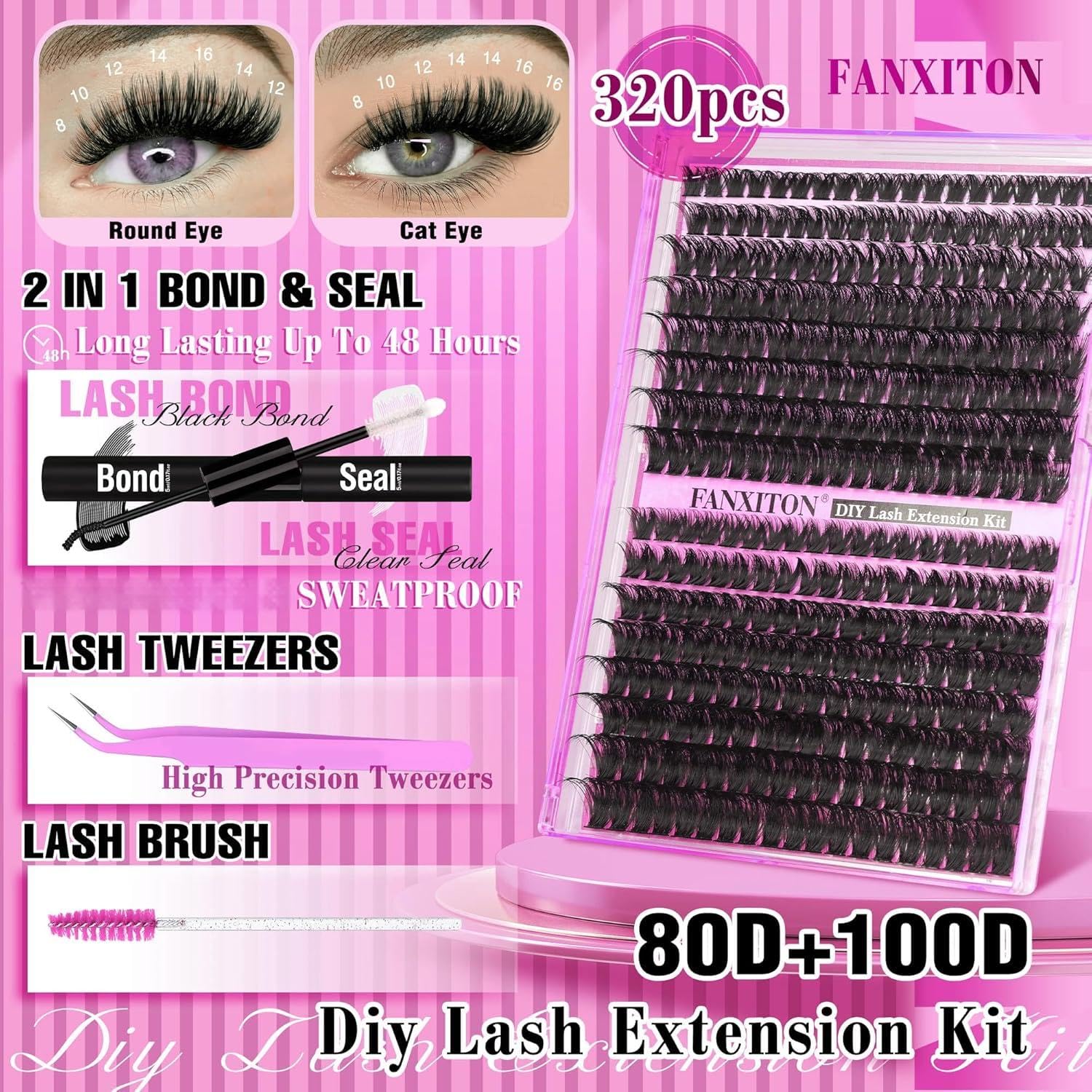 FANXITON DIY Lash Extension Kit — 80D & 100D Thick Lash Clusters, Bond & Seal, Tweezers