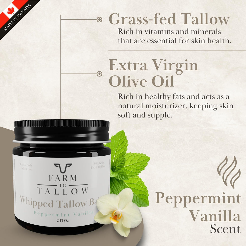 FARM TO TALLOW Grass-Fed Beef Tallow Moisturizer – Peppermint Vanilla, Olive Oil (2 oz)