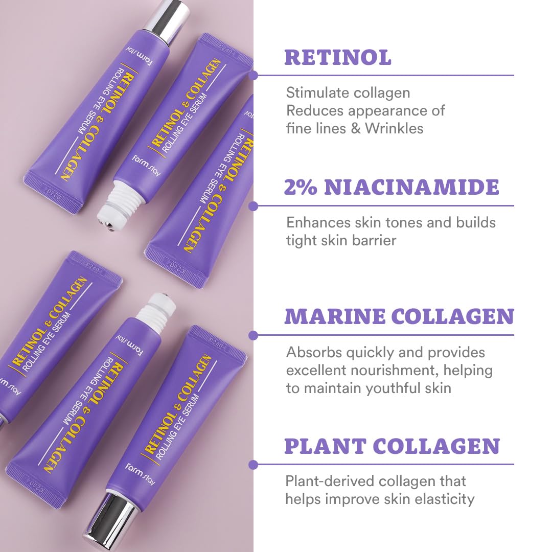 Farmstay Retinol Roll-On Eye Serum with 2% Niacinamide & Collagen – Hydrating Korean Eye Roller for Dark Circles & Puffiness