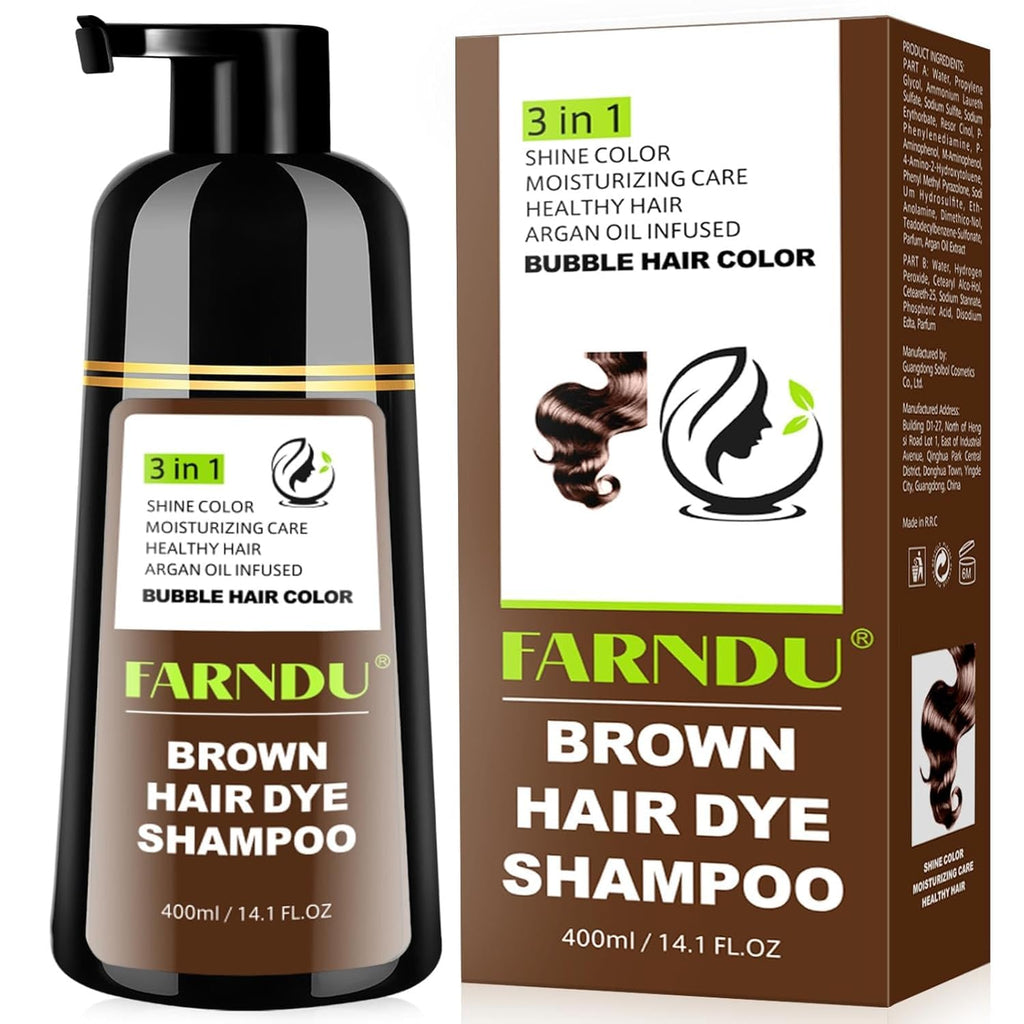 Farndu Brown Hair Dye Shampoo – 3-in-1 Color & Gray Coverage