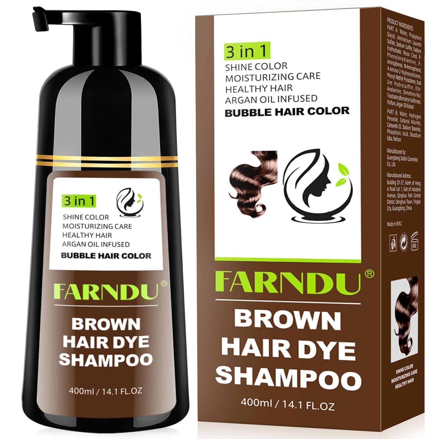 Farndu Brown Hair Dye Shampoo – 3-in-1 Color & Gray Coverage