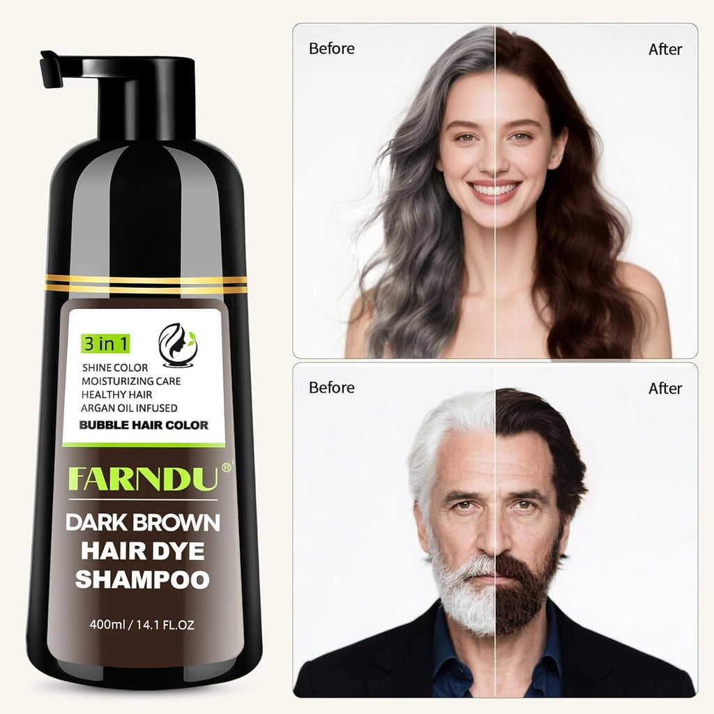 Farndu Dark Brown Hair Dye Shampoo 3-in-1 – 15 Min Gray Coverage, Herbal Semi-Permanent Color