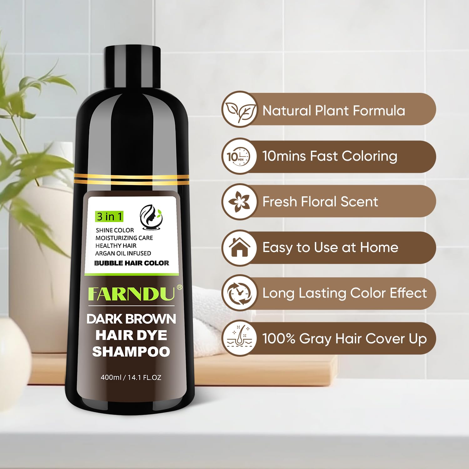 Farndu Dark Brown Hair Dye Shampoo – 3-in-1 Grey Coverage, Natural Ingredients