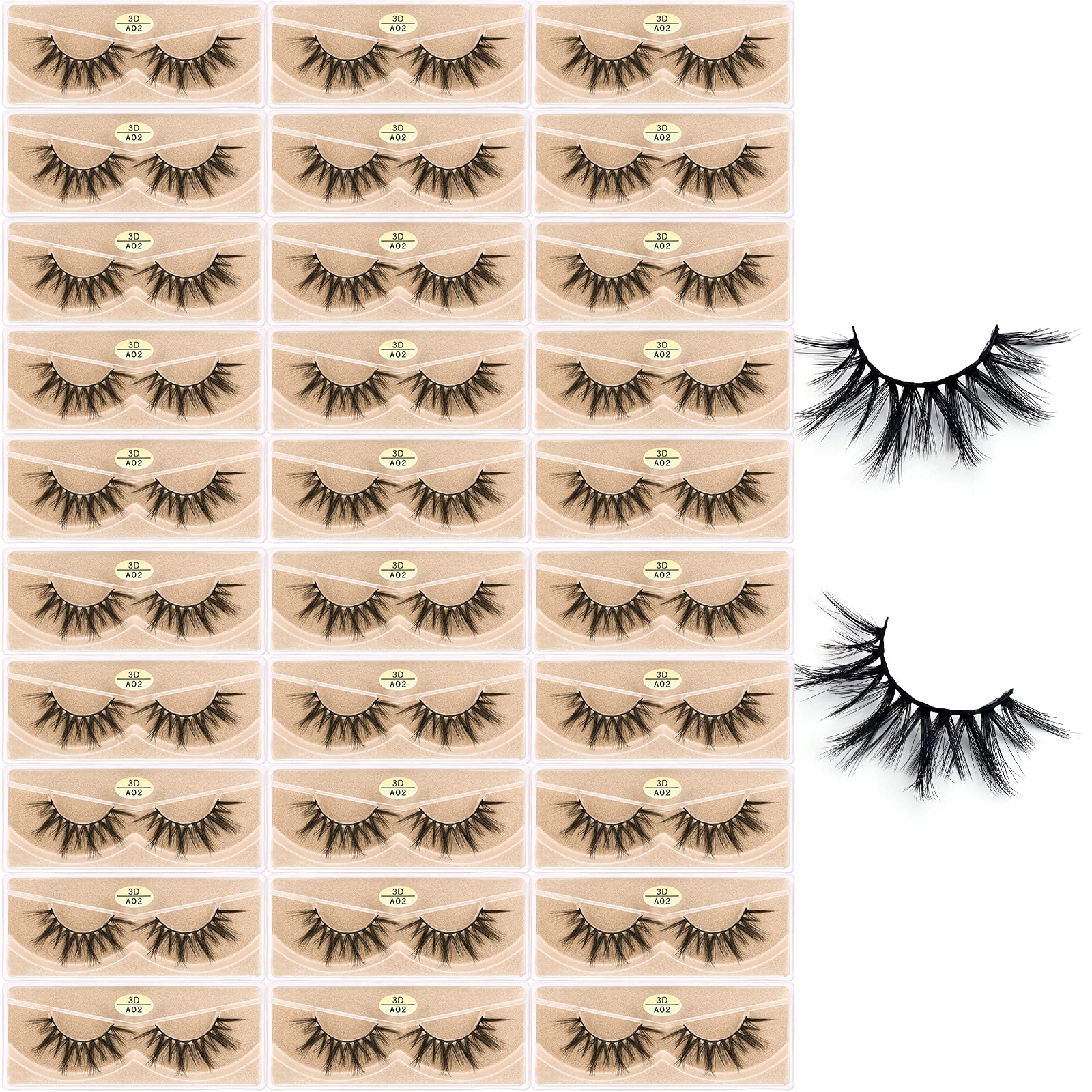 FARRED 3D A02 Faux Mink Lashes – 30 Pairs, Medium Length, Fluffy Volume, Vegan Bulk Lashes