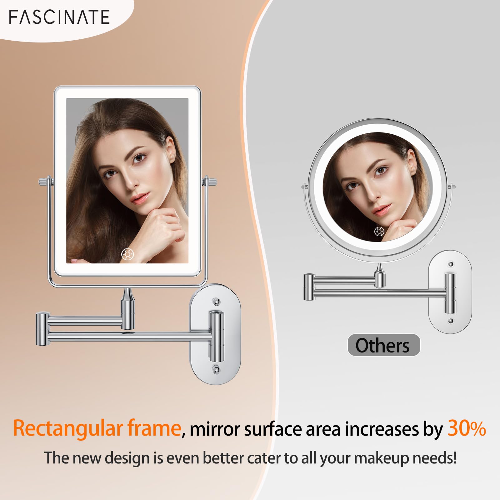 FASCINATE 5000mAh Rechargeable Wall-Mounted Makeup Mirror - 8.7-inch, 1X/20X, Lighted, 3 Color Settings, Touch Switch, Extendable Arm
